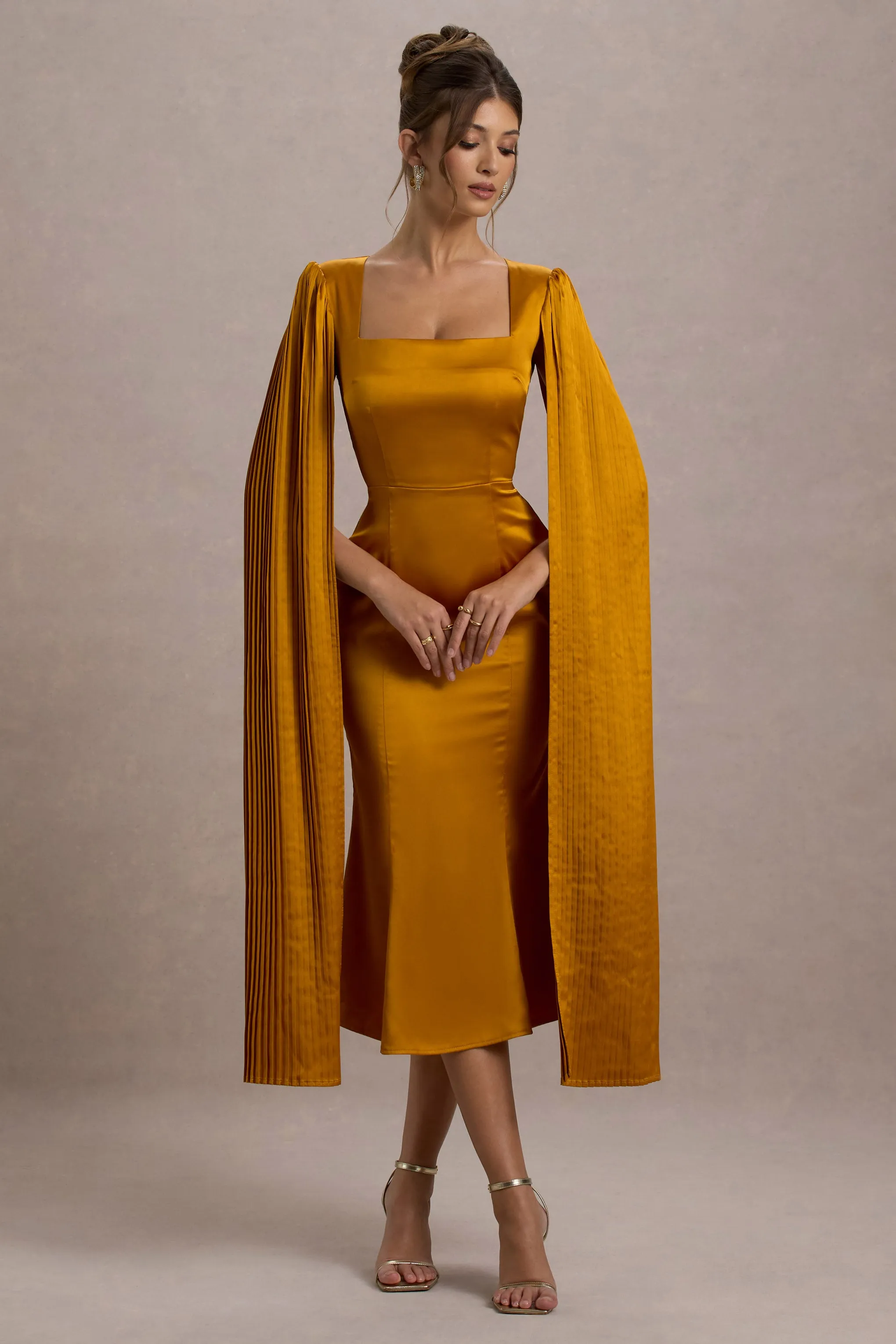 Nalda | Mustard Square-Neck Midi Dress With Cape Sleeves Club L London