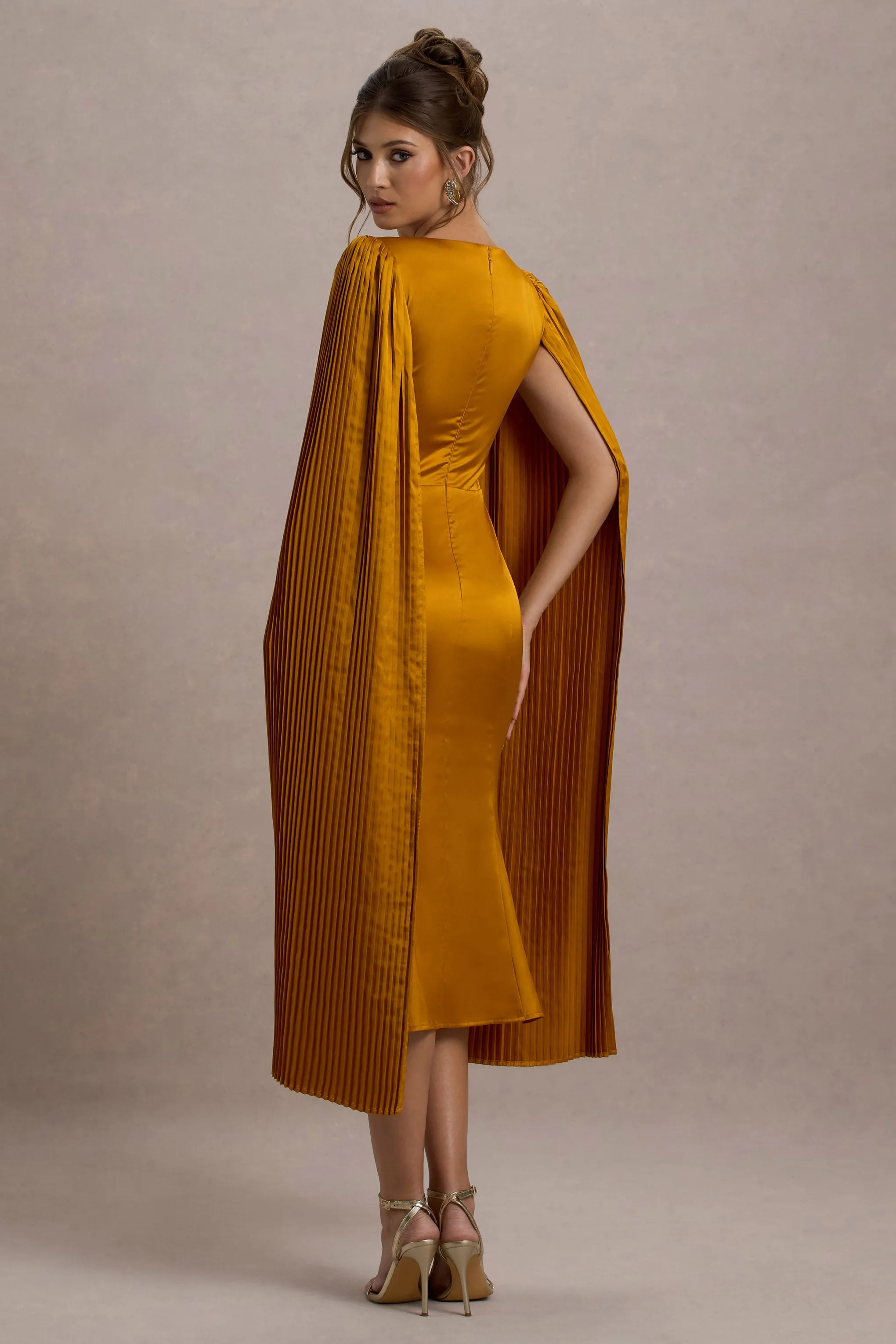 Nalda | Mustard Square-Neck Midi Dress With Cape Sleeves Club L London
