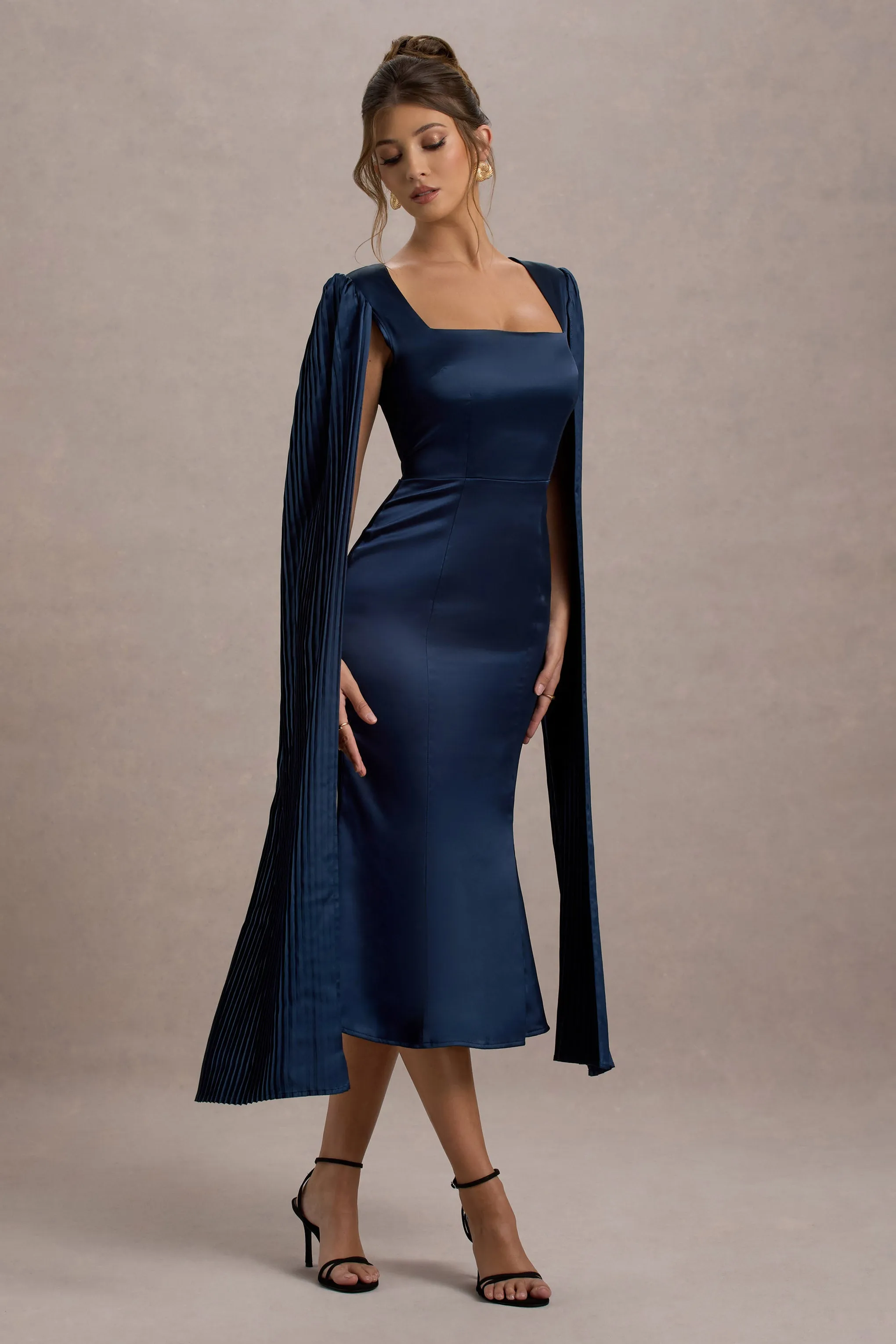 Nalda | Navy Square-Neck Midi Dress With Cape Sleeves Club L London