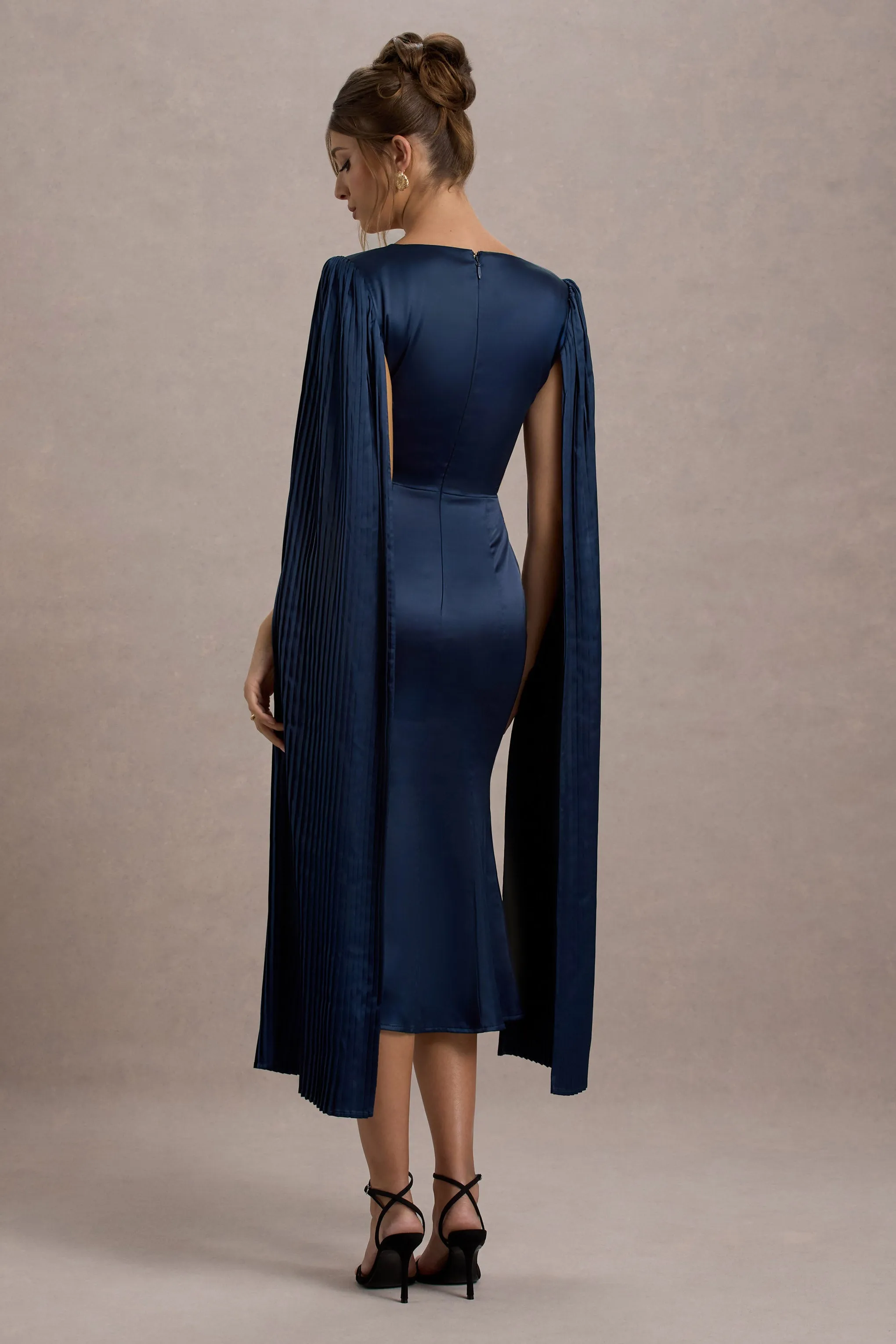Nalda | Navy Square-Neck Midi Dress With Cape Sleeves Club L London