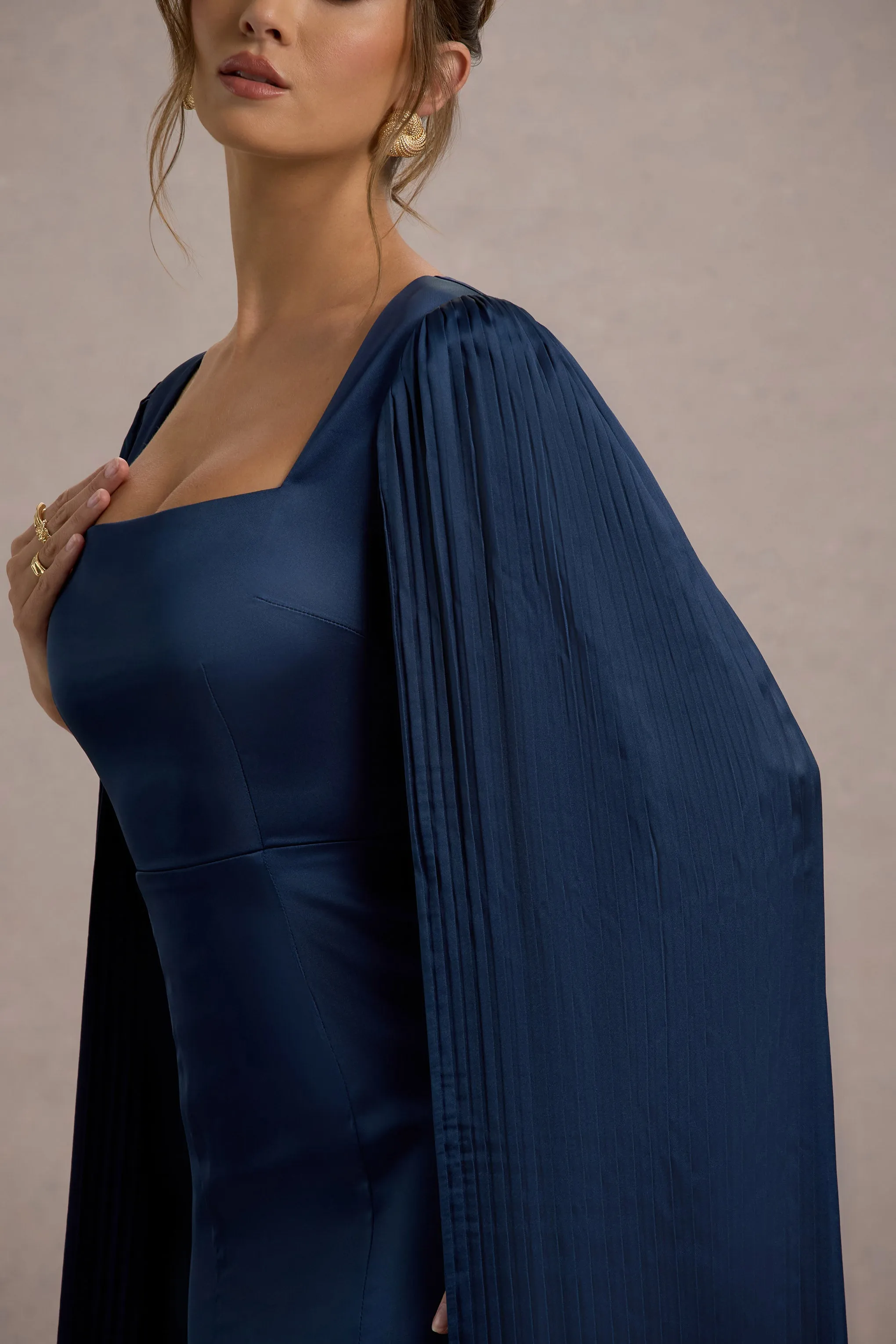 Nalda | Navy Square-Neck Midi Dress With Cape Sleeves Club L London