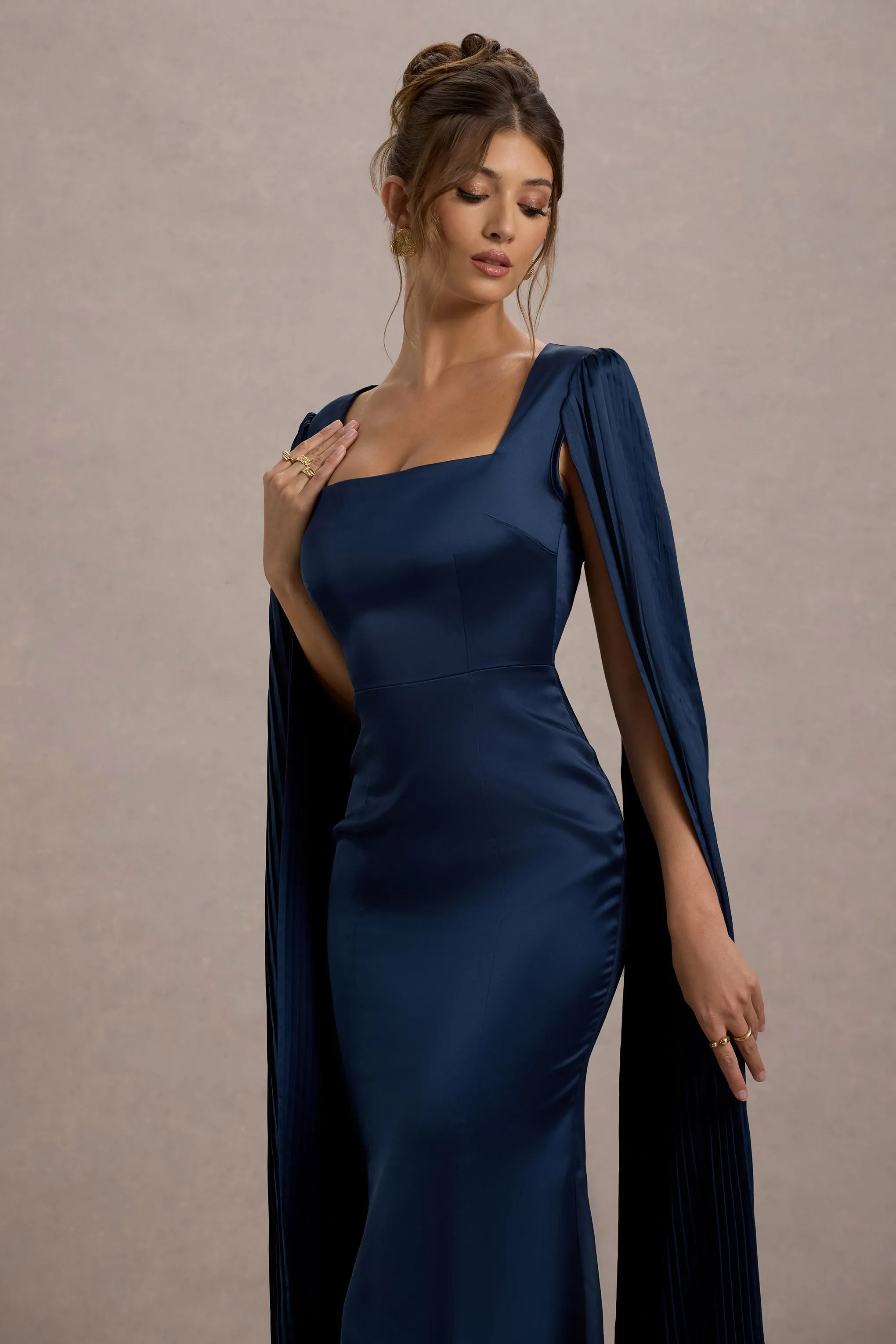 Nalda | Navy Square-Neck Midi Dress With Cape Sleeves Club L London