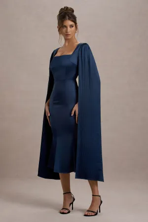 Nalda | Navy Square-Neck Midi Dress With Cape Sleeves Club L London