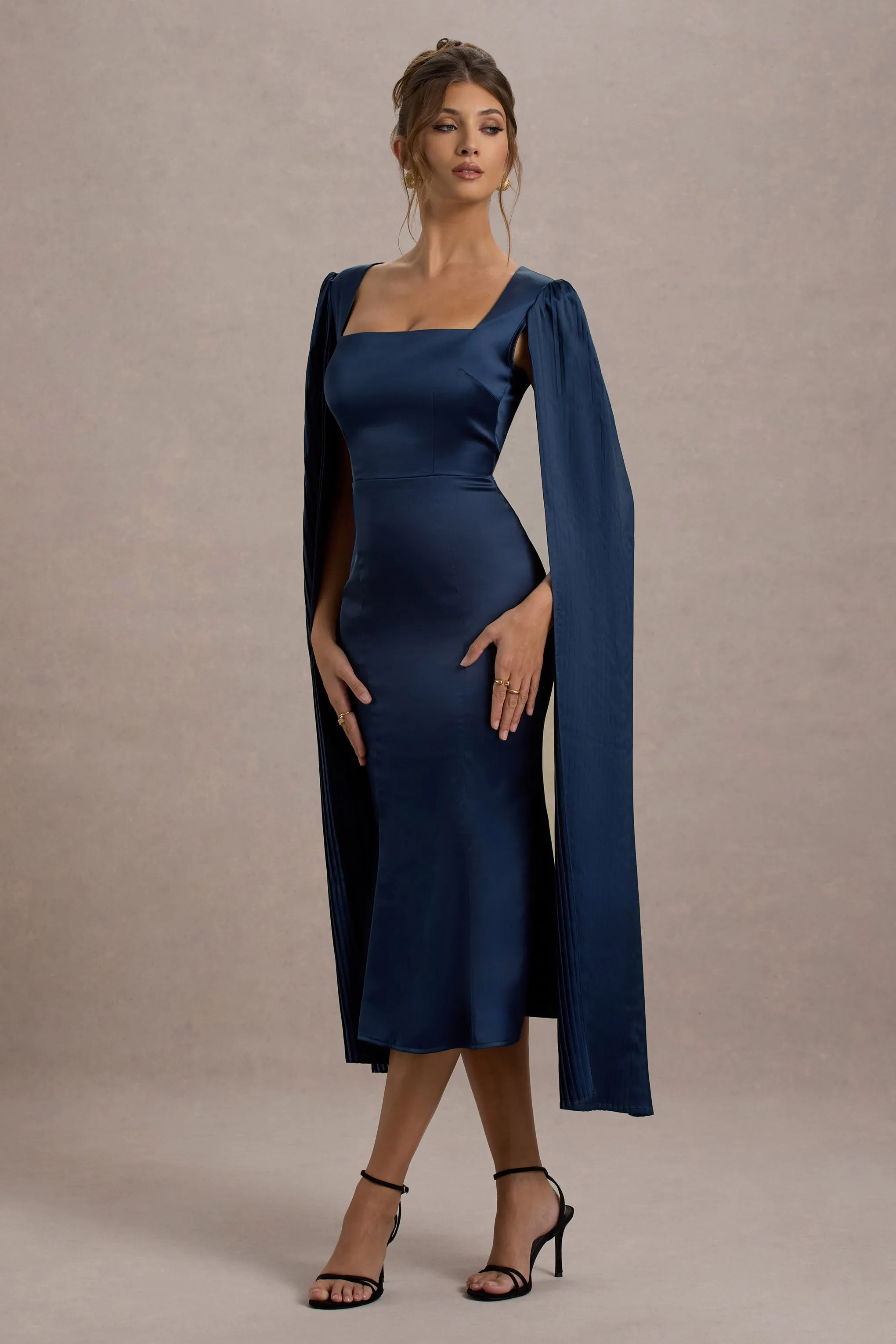 Nalda | Navy Square-Neck Midi Dress With Cape Sleeves Club L London