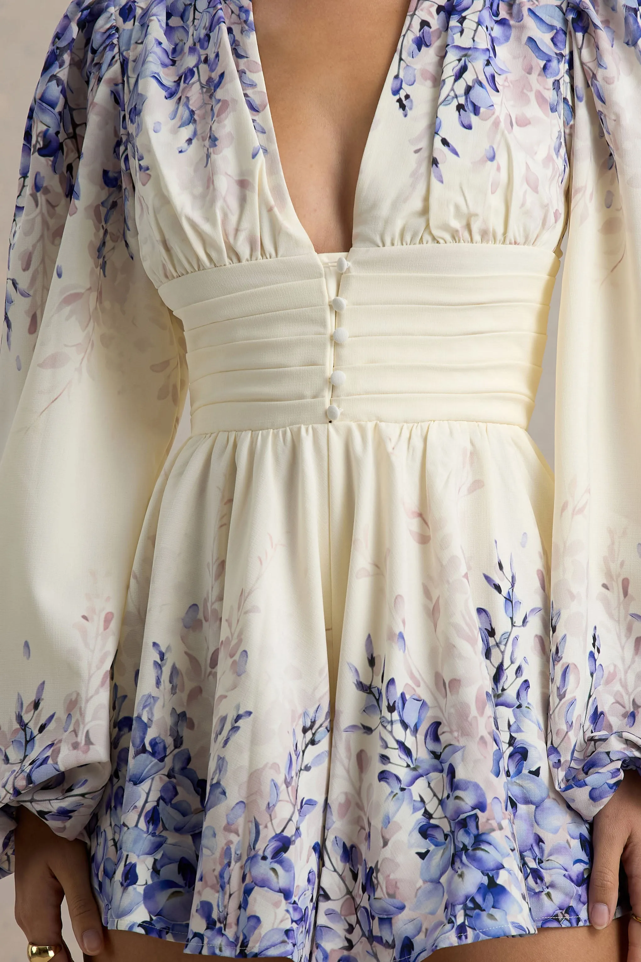 Nalla | Wisteria Print Linen Plunge-Neck Playsuit Club L London