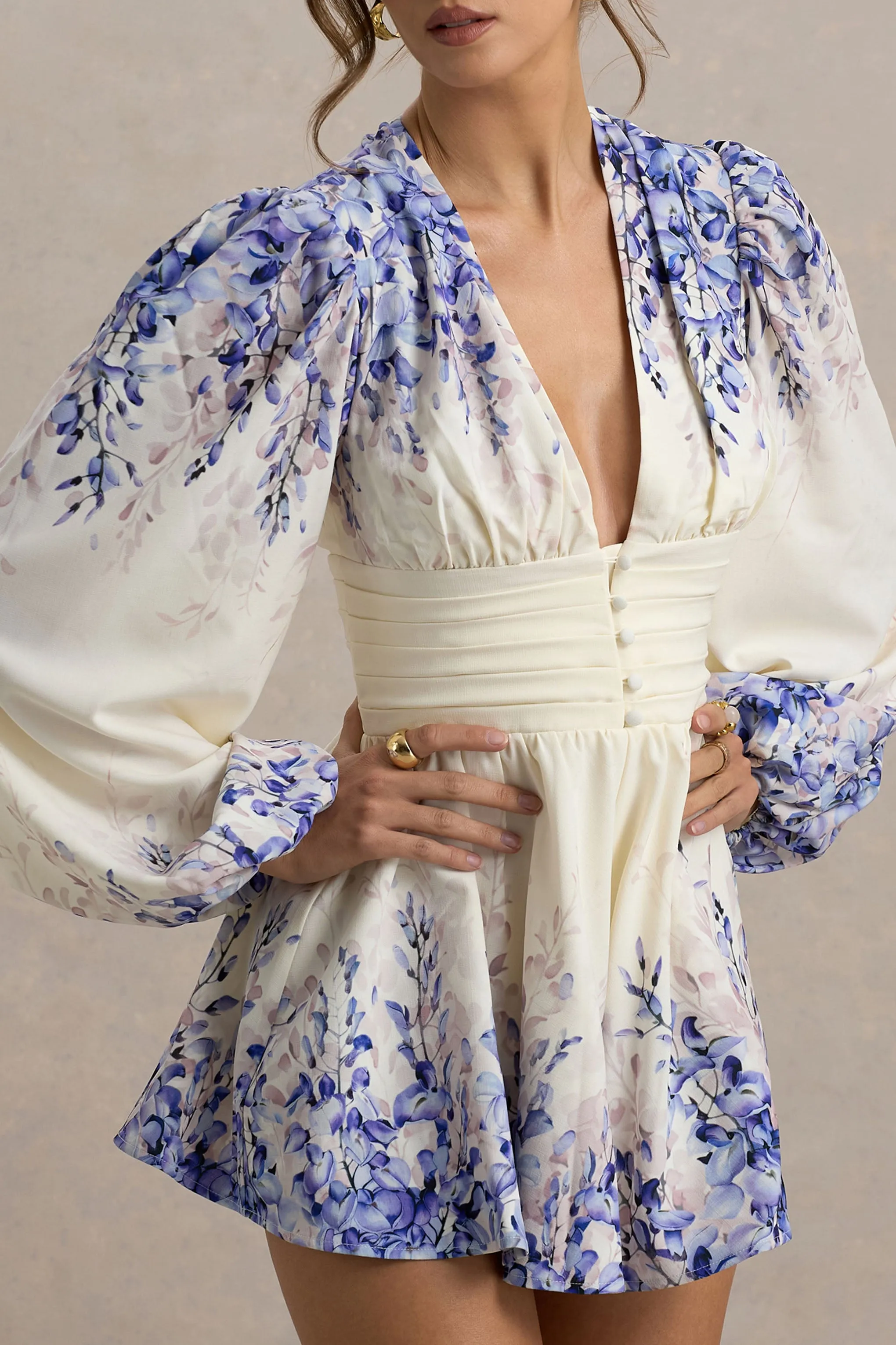 Nalla | Wisteria Print Linen Plunge-Neck Playsuit Club L London