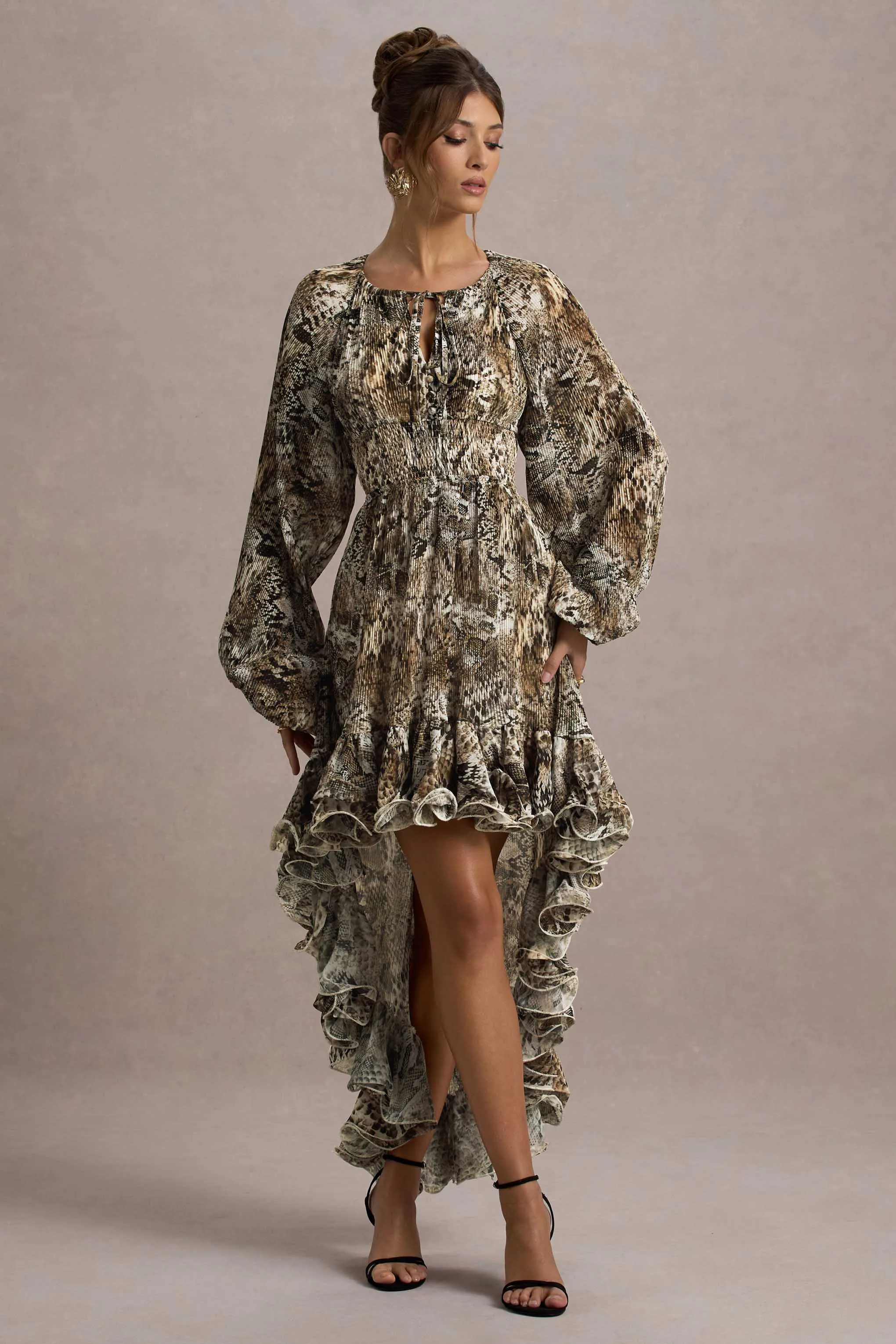 Namir | Snake Print High-Low Chiffon Maxi Dress Club L London