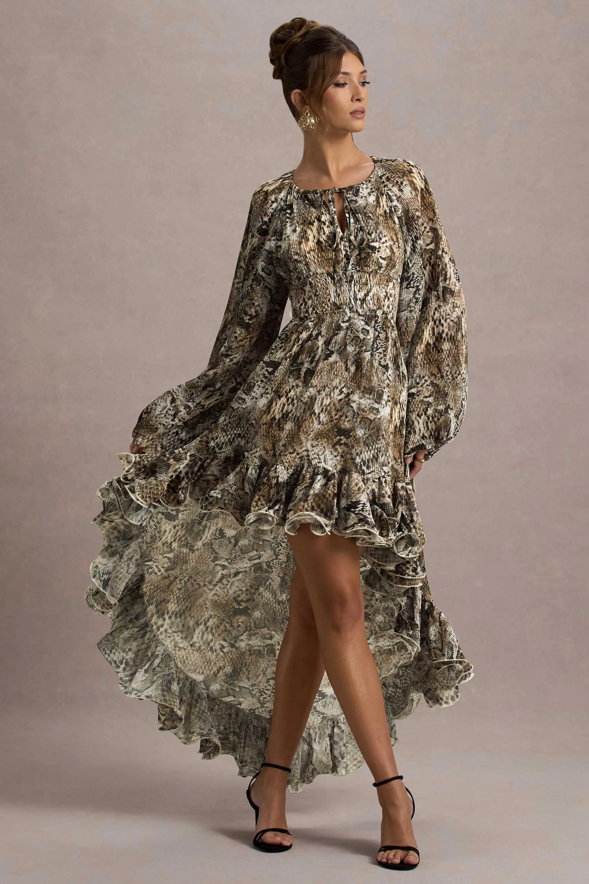 Namir | Snake Print High-Low Chiffon Maxi Dress Club L London