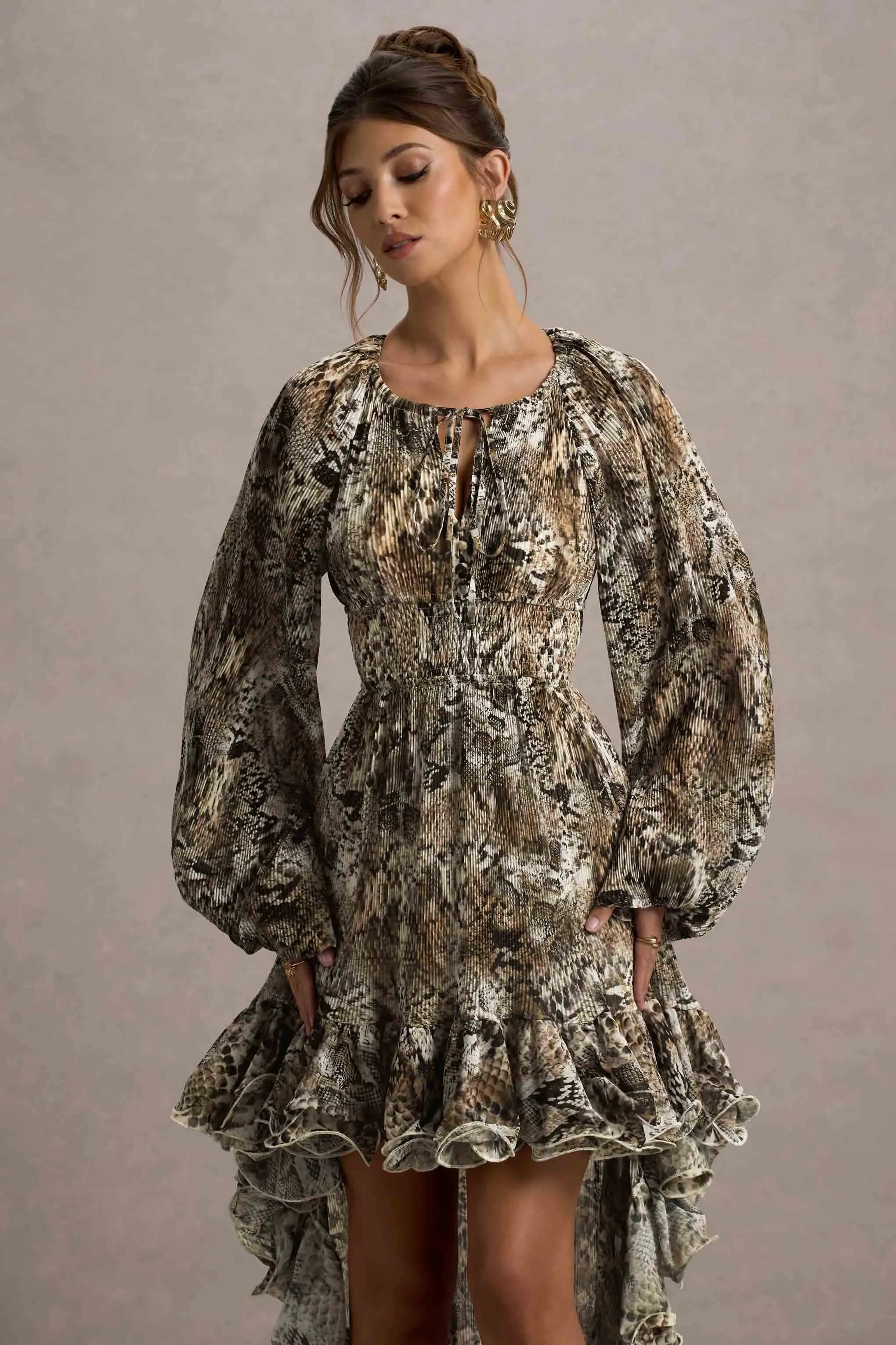 Namir | Snake Print High-Low Chiffon Maxi Dress Club L London