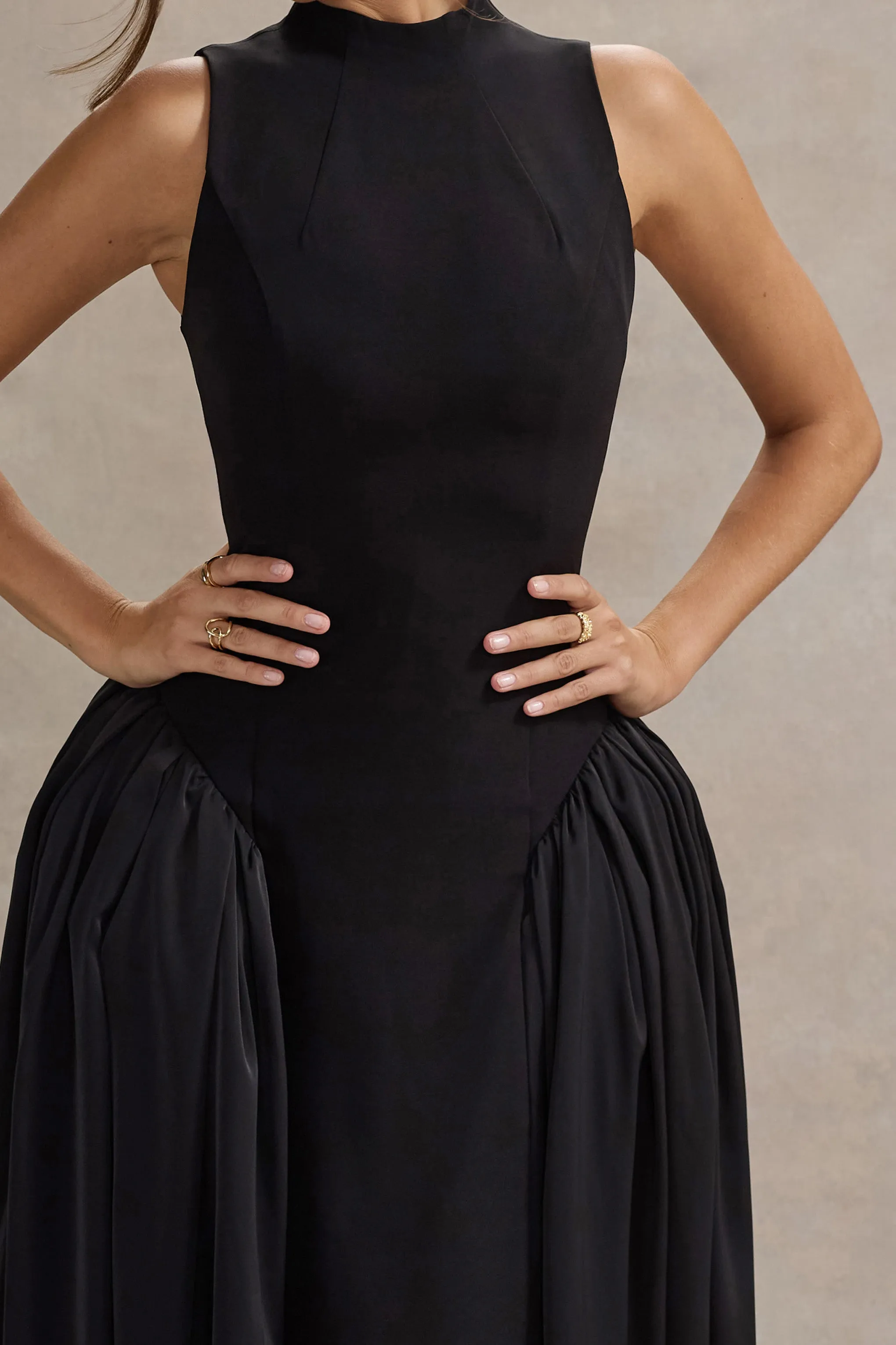Napoli | Black High-Neck Volume-Skirt Midi Dress Club L London