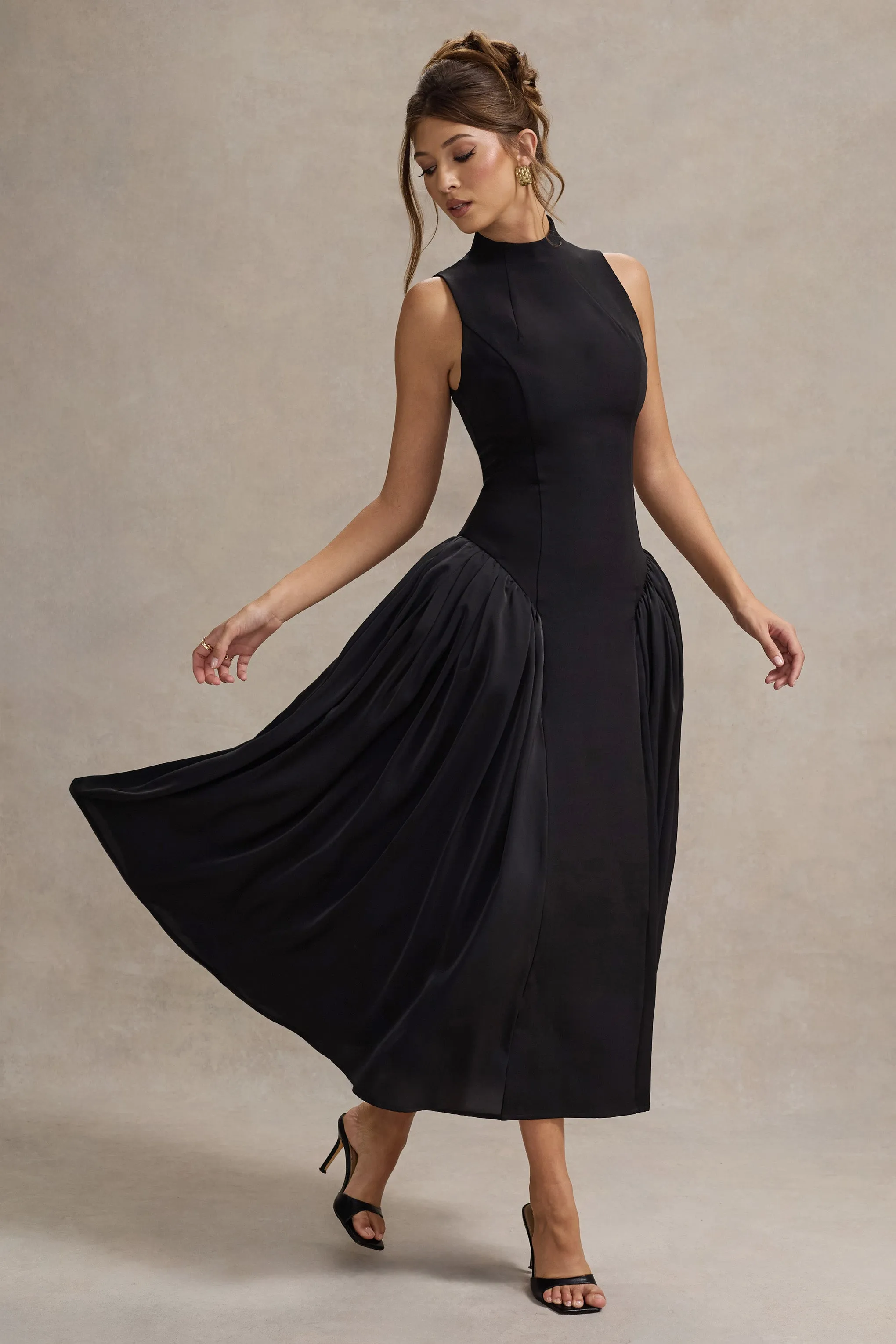 Napoli | Black High-Neck Volume-Skirt Midi Dress Club L London