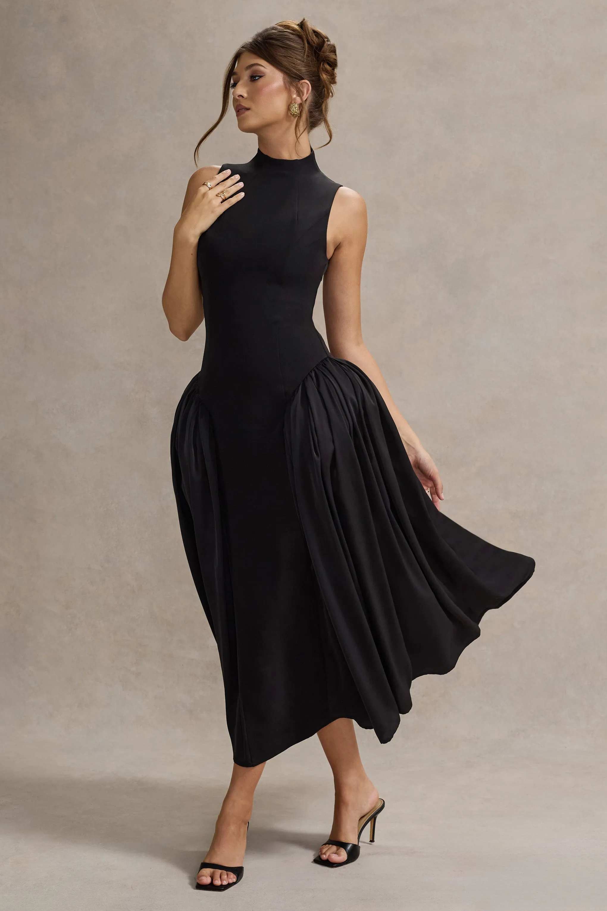Napoli | Black High-Neck Volume-Skirt Midi Dress Club L London