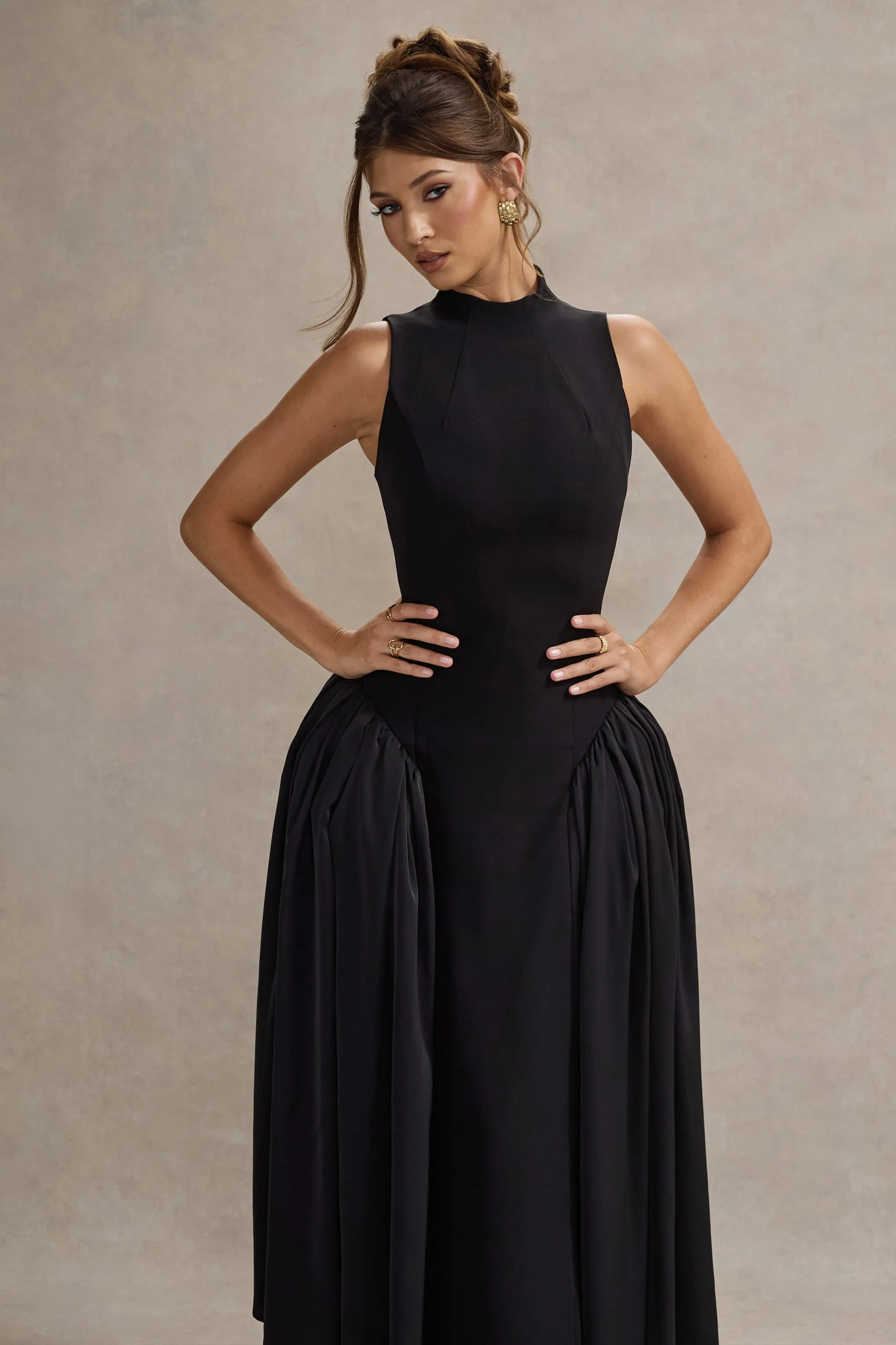 Napoli | Black High-Neck Volume-Skirt Midi Dress Club L London