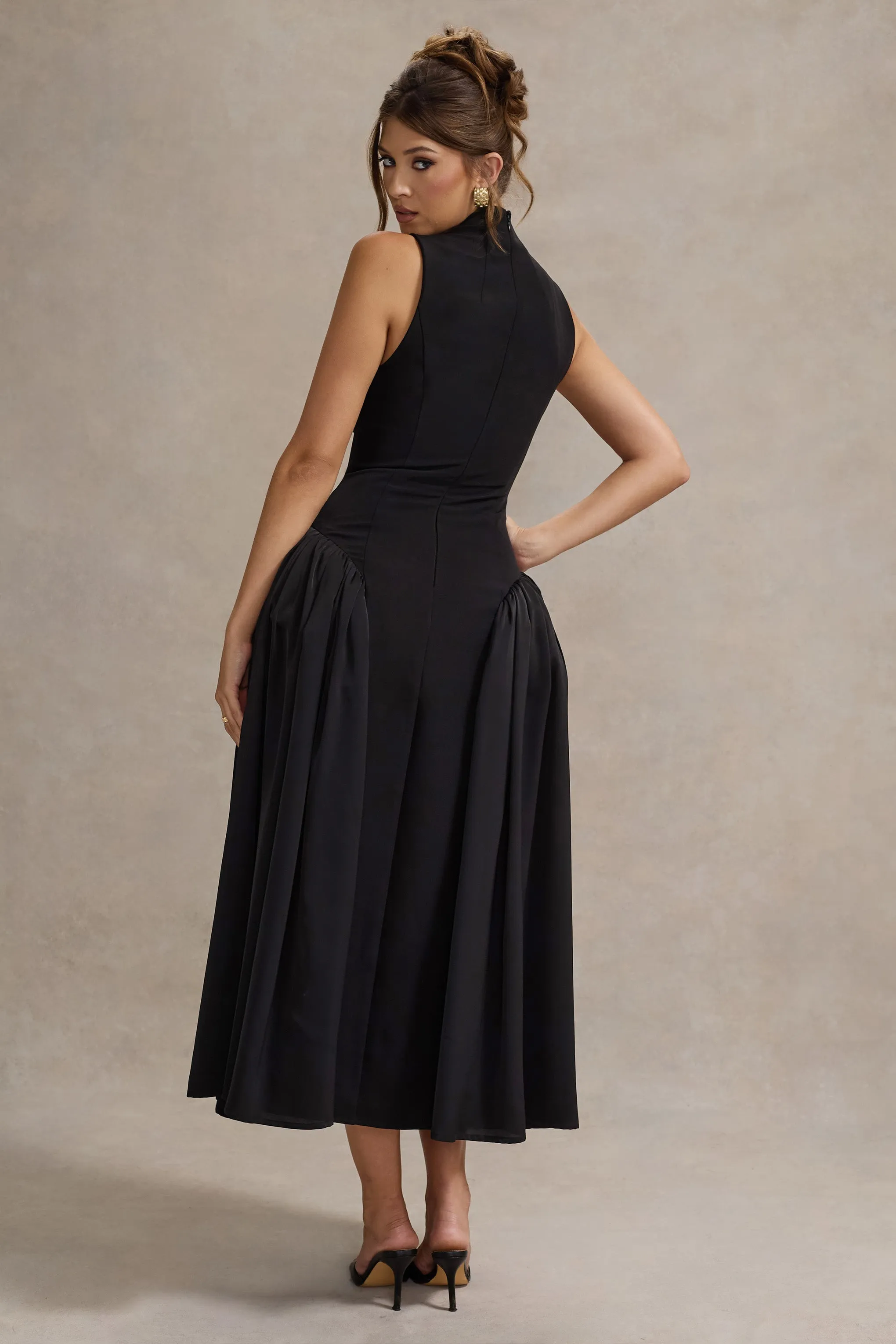 Napoli | Black High-Neck Volume-Skirt Midi Dress Club L London