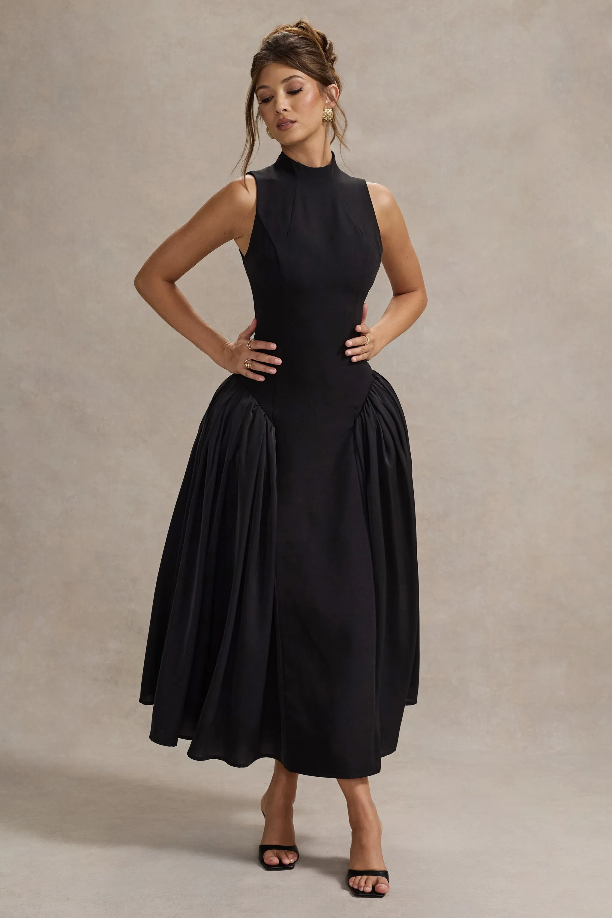 Napoli | Black High-Neck Volume-Skirt Midi Dress Club L London