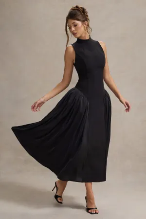 Napoli | Black High-Neck Volume-Skirt Midi Dress Club L London