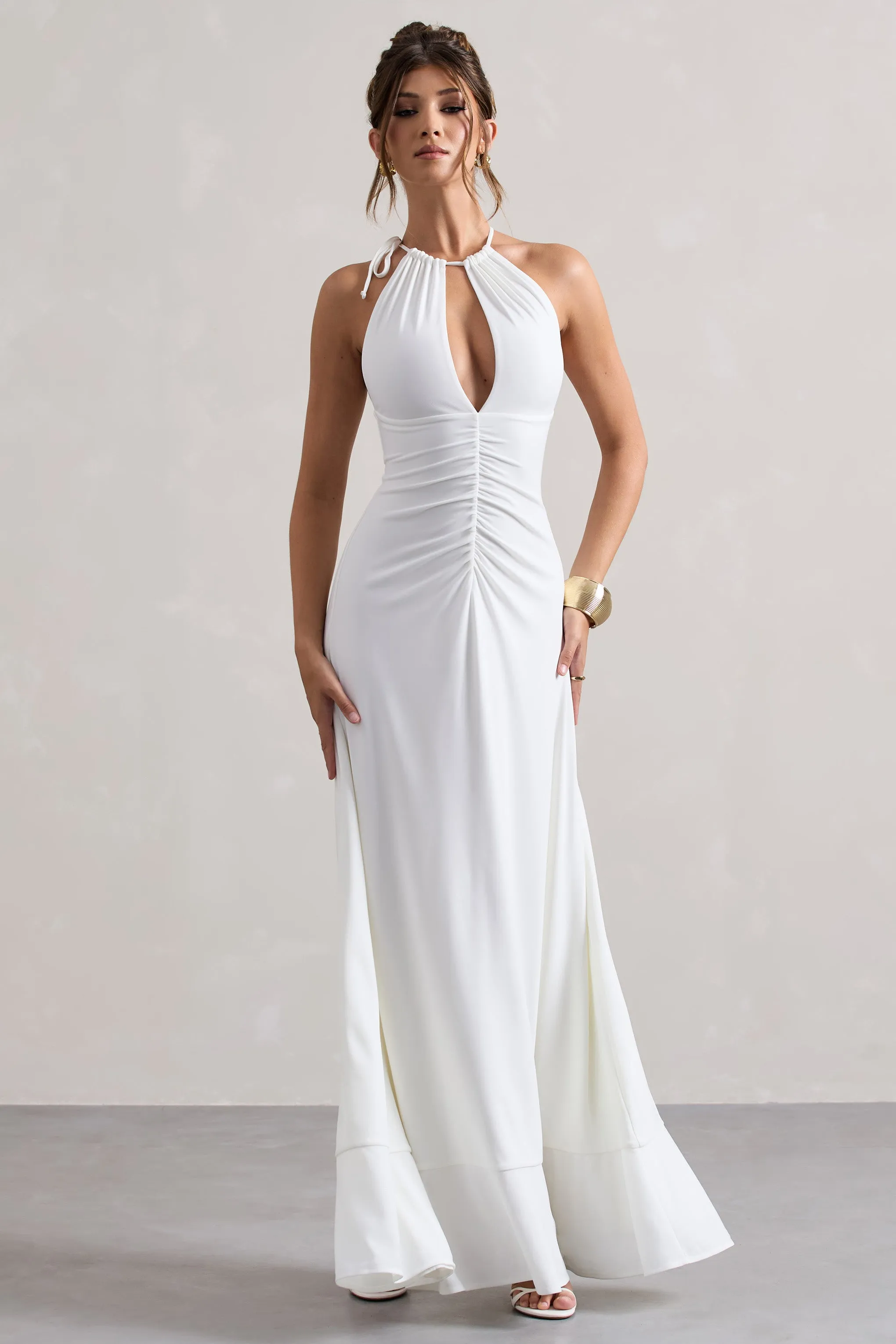 Naria | Cream Ruched Cut-Out Split Maxi Dress Club L London
