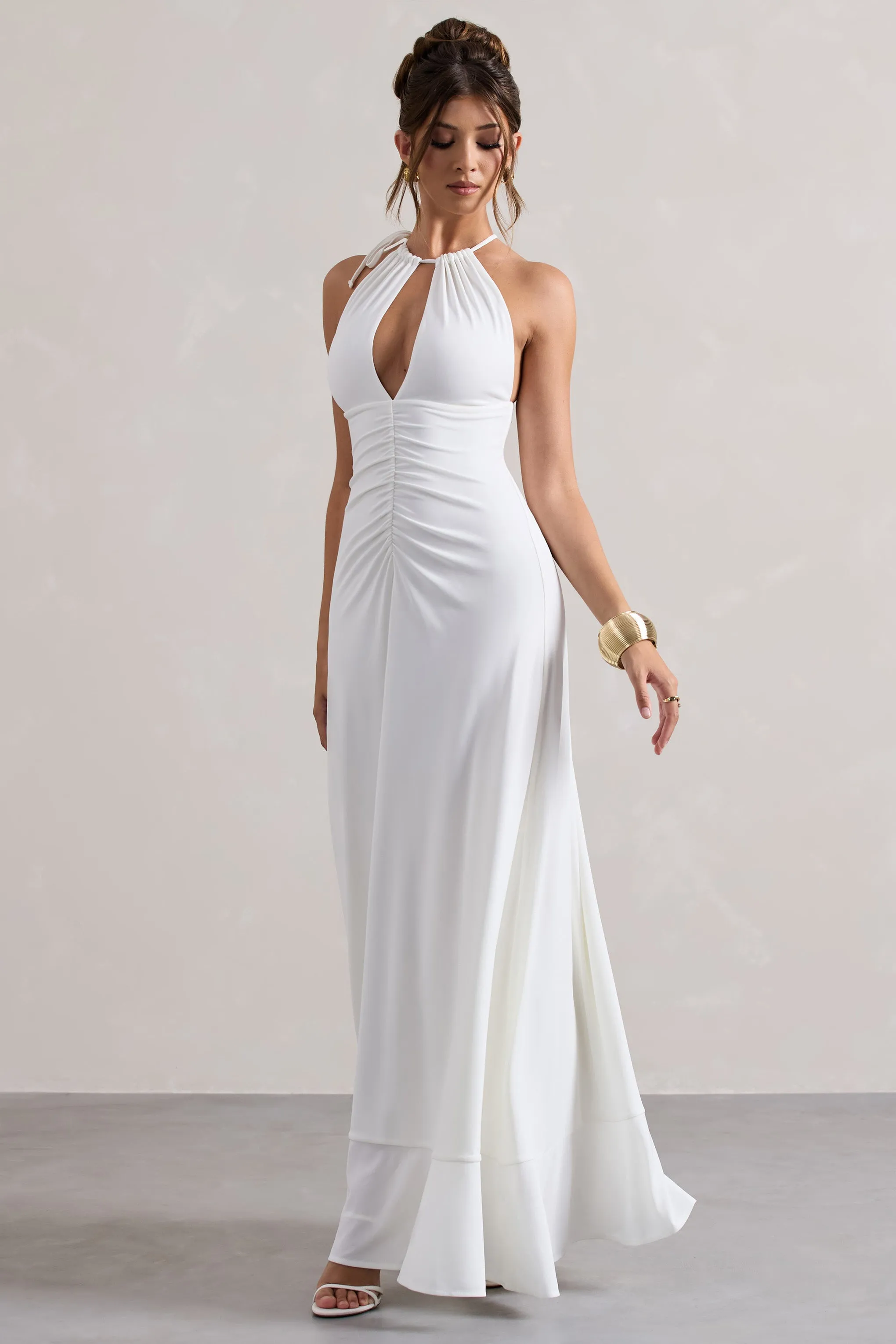 Naria | Cream Ruched Cut-Out Split Maxi Dress Club L London