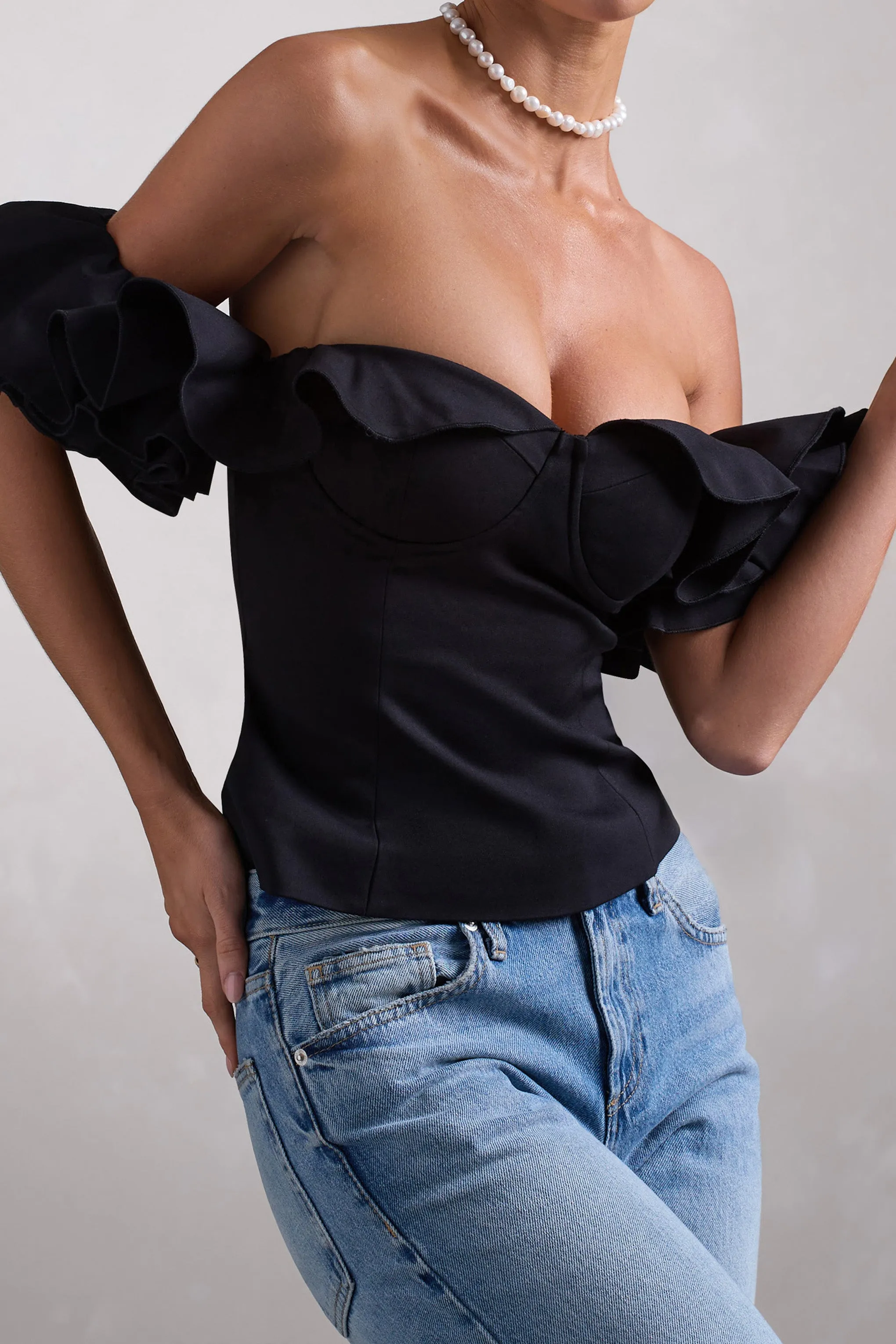 Naturally | Black Cotton-Blend Structured Bardot Top Club L London