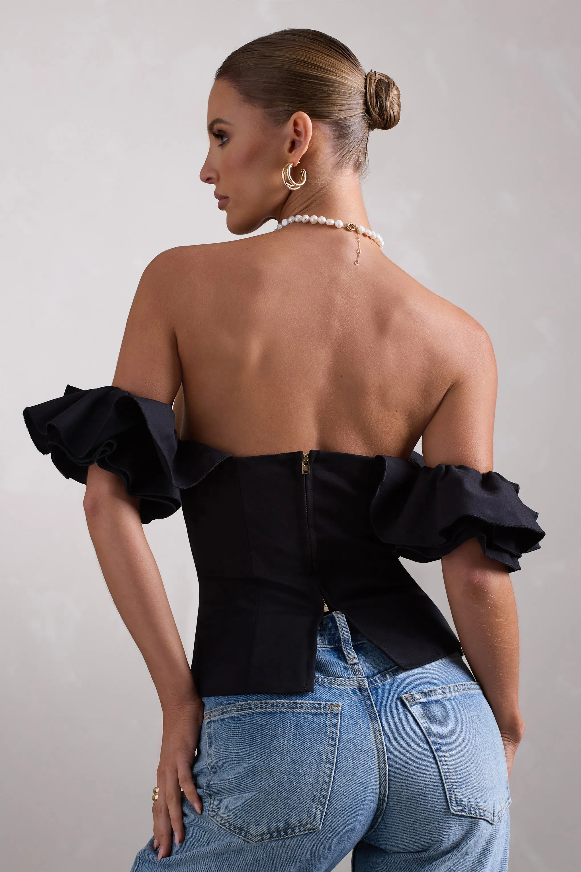 Naturally | Black Cotton-Blend Structured Bardot Top Club L London