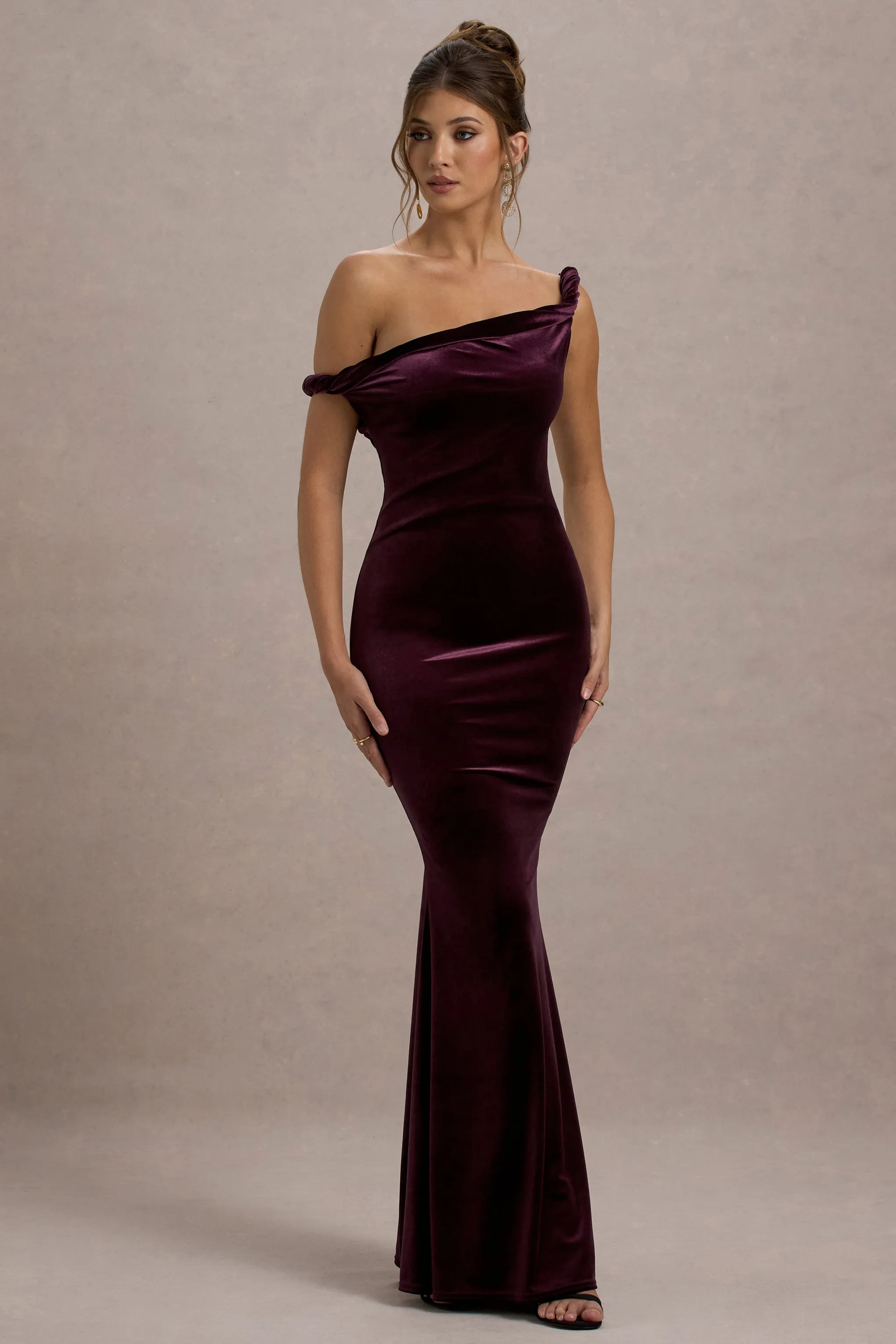 Neeka | Port Velvet Twisted Asymmetric Maxi Dress Club L London