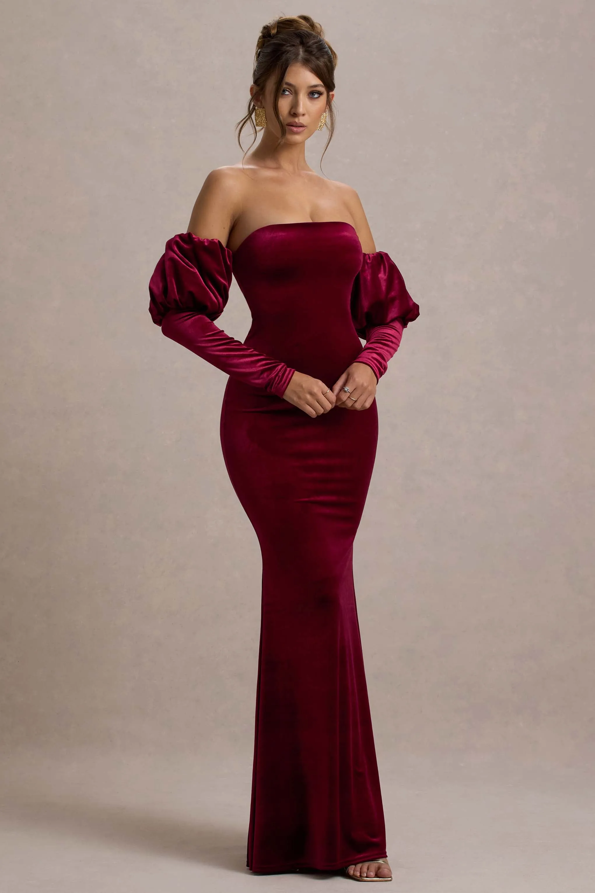 Neoma | Berry Velvet Bardot Puff-Sleeve Maxi Dress Club L London