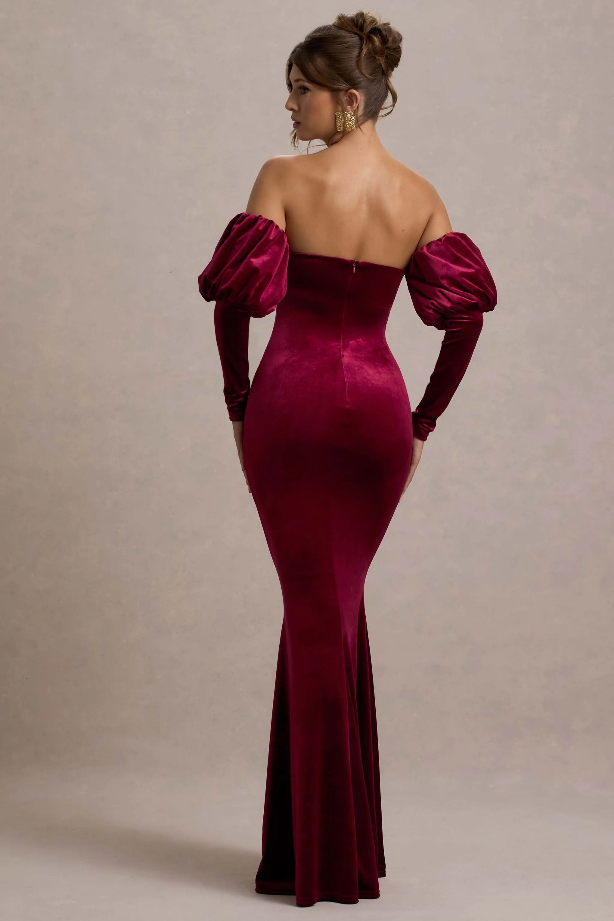 Neoma | Berry Velvet Bardot Puff-Sleeve Maxi Dress Club L London