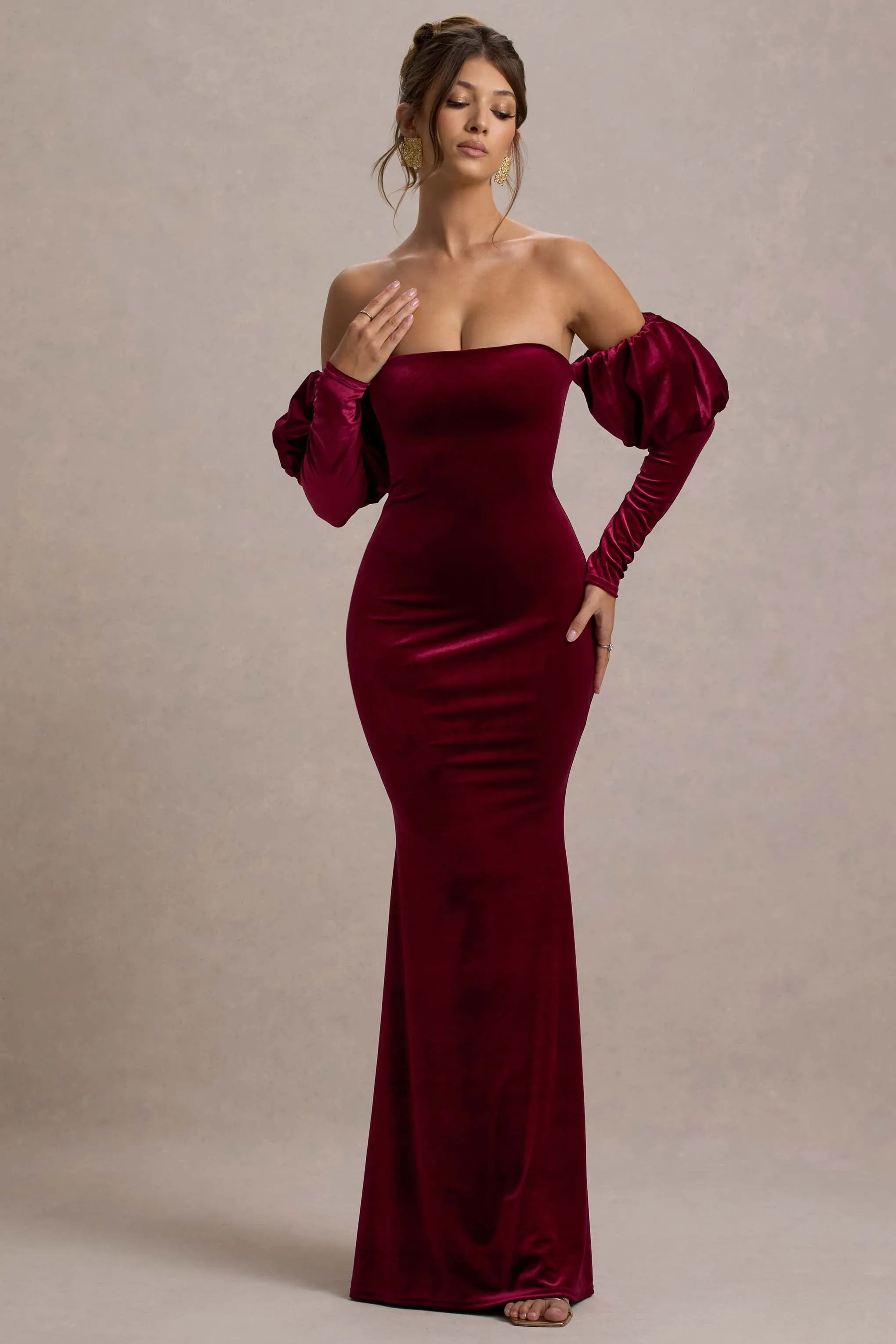 Neoma | Berry Velvet Bardot Puff-Sleeve Maxi Dress Club L London