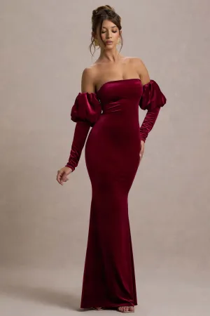 Neoma | Berry Velvet Bardot Puff-Sleeve Maxi Dress Club L London