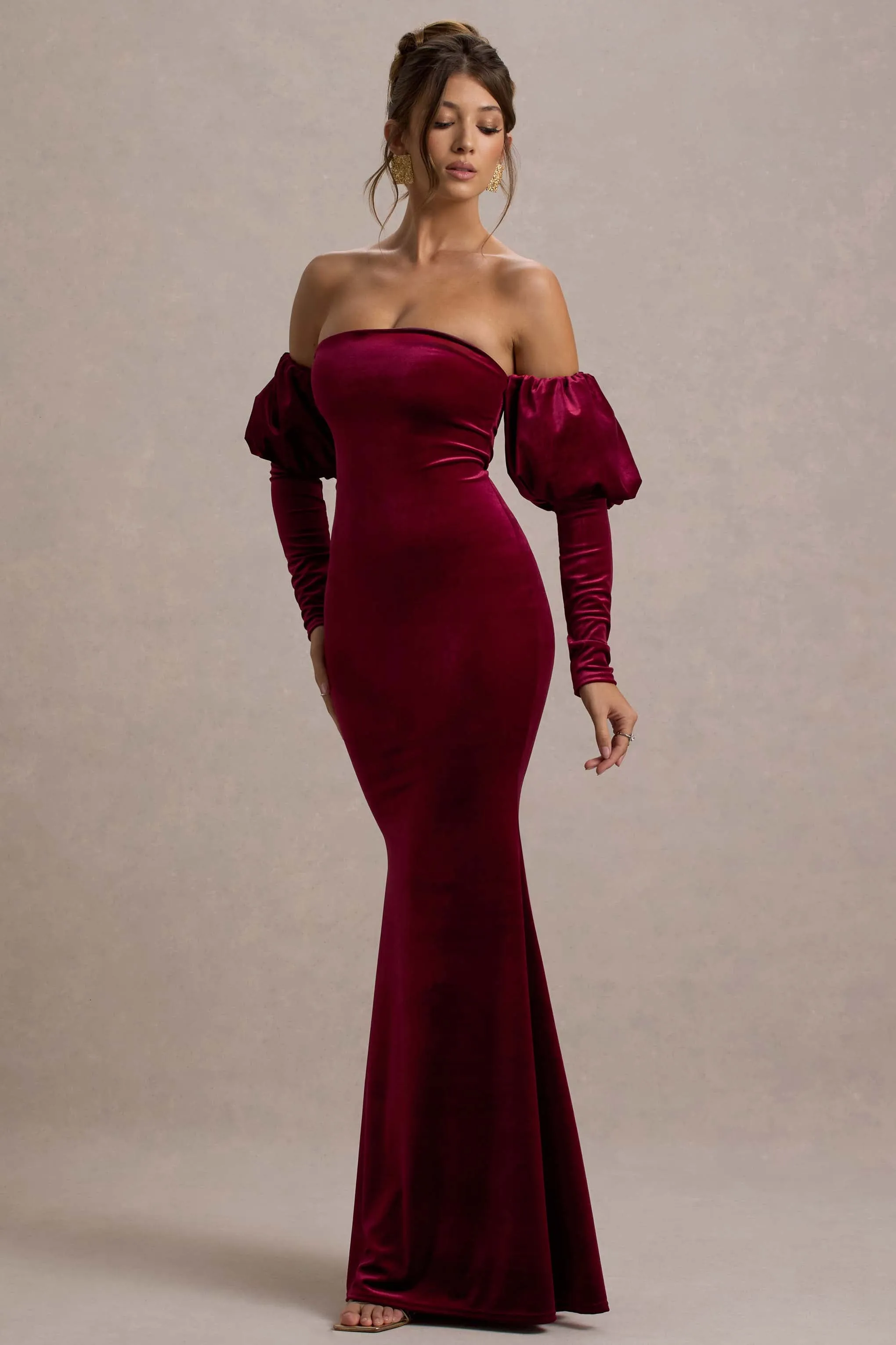 Neoma | Berry Velvet Bardot Puff-Sleeve Maxi Dress Club L London