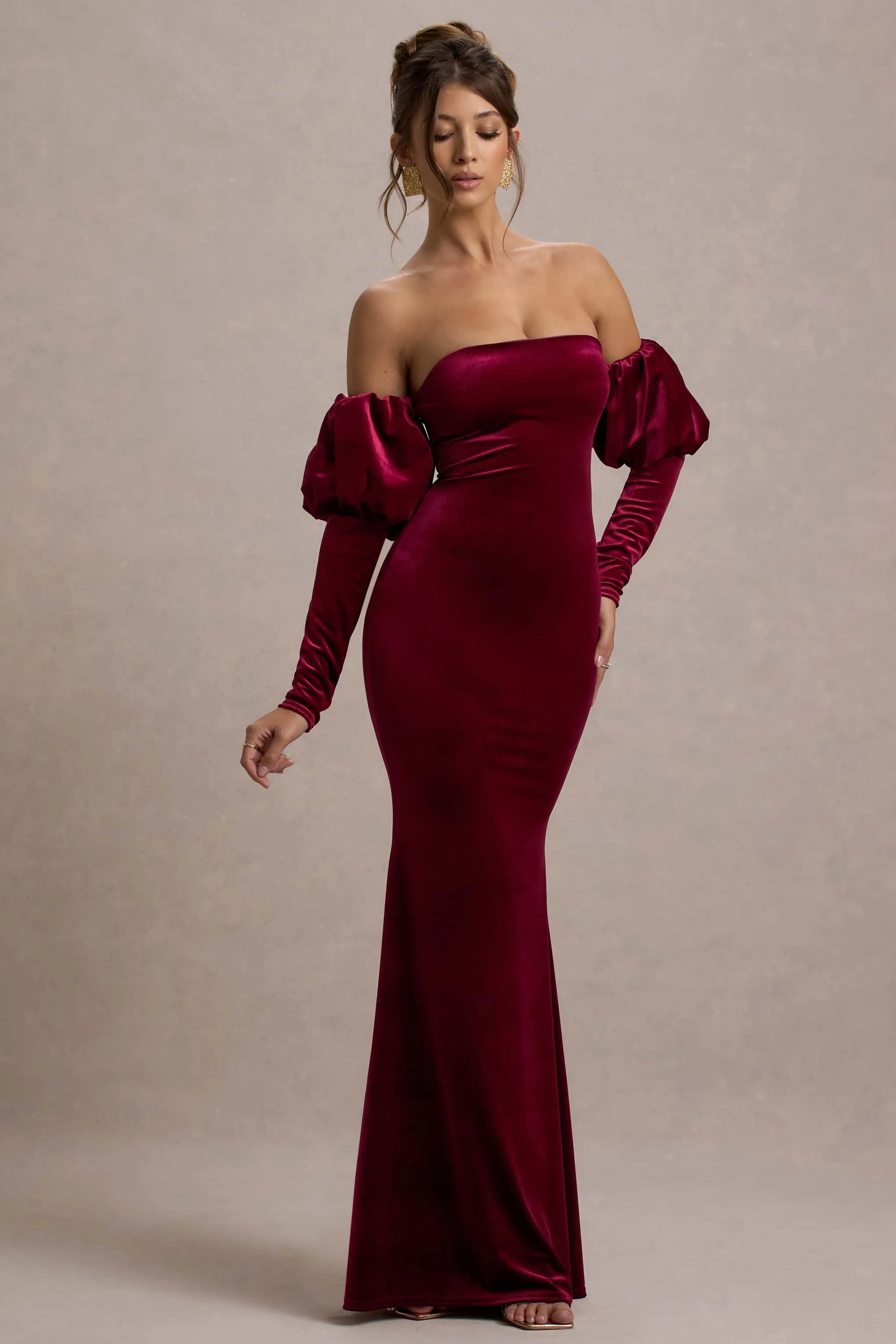 Neoma | Berry Velvet Bardot Puff-Sleeve Maxi Dress Club L London