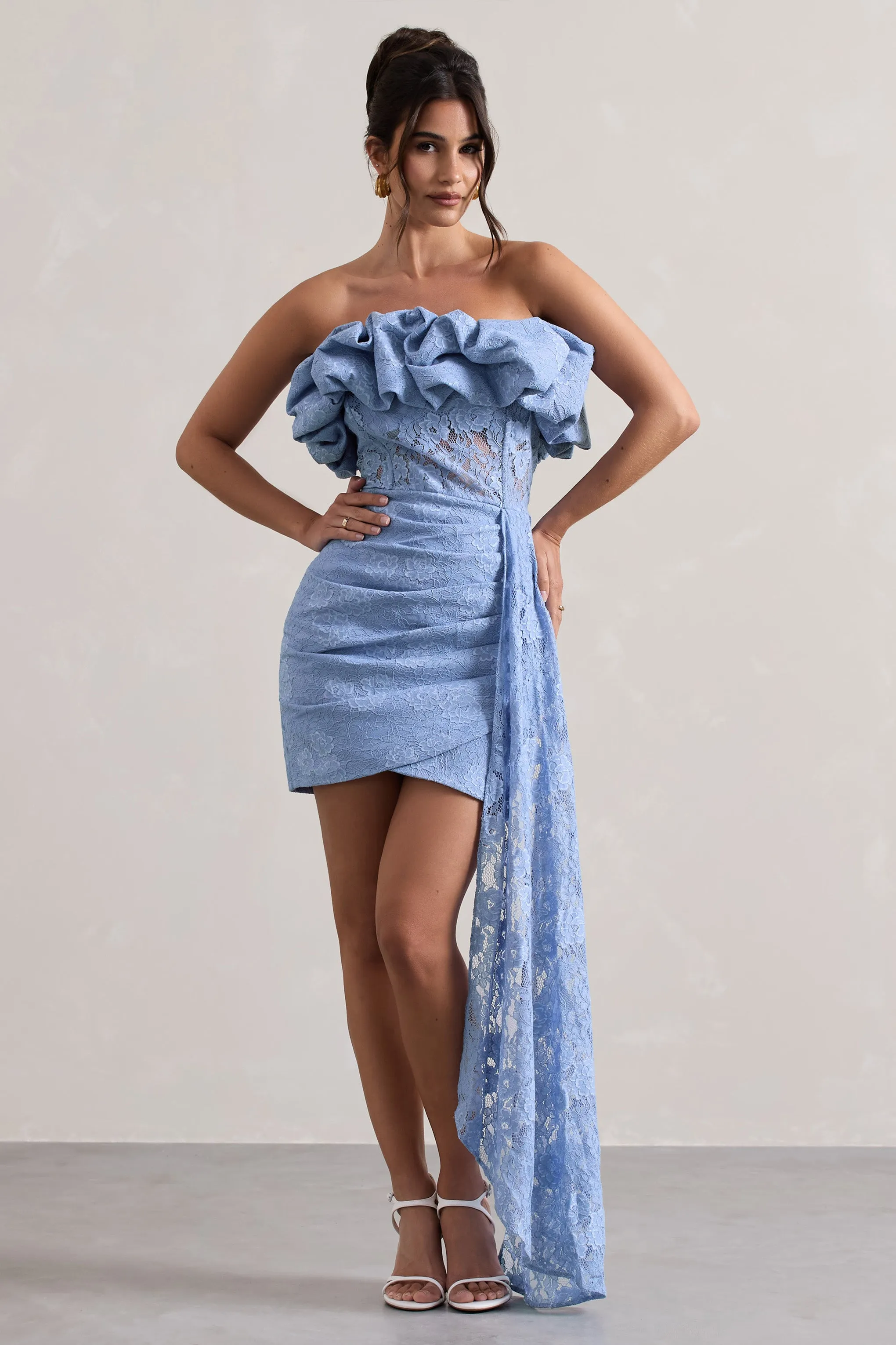Neptune | Blue Lace Strapless Ruffled Mini Dress With Drape Club L London