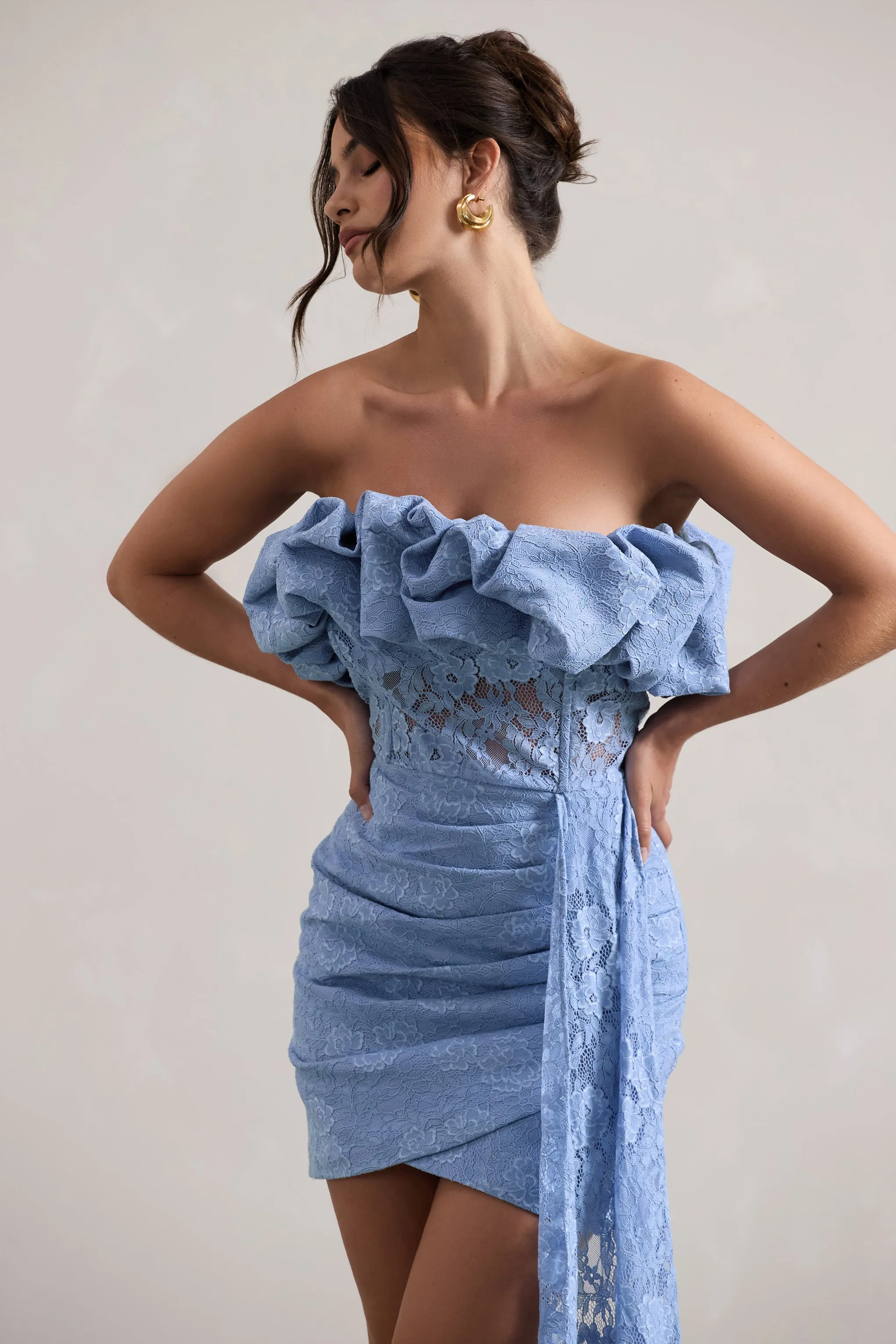 Neptune | Blue Lace Strapless Ruffled Mini Dress With Drape Club L London