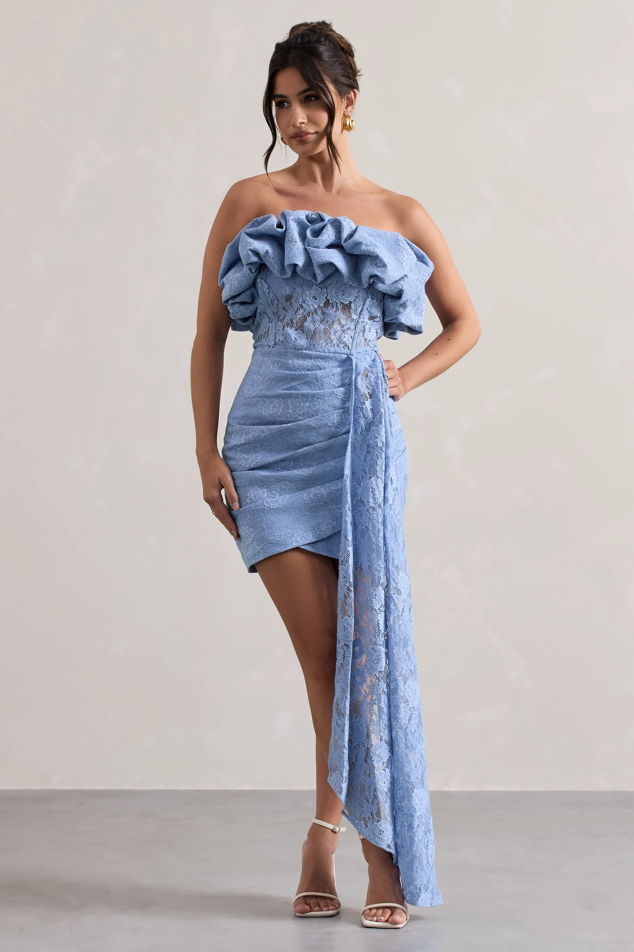 Neptune | Blue Lace Strapless Ruffled Mini Dress With Drape Club L London