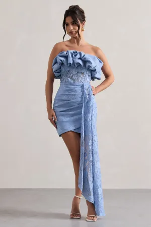 Neptune | Blue Lace Strapless Ruffled Mini Dress With Drape Club L London