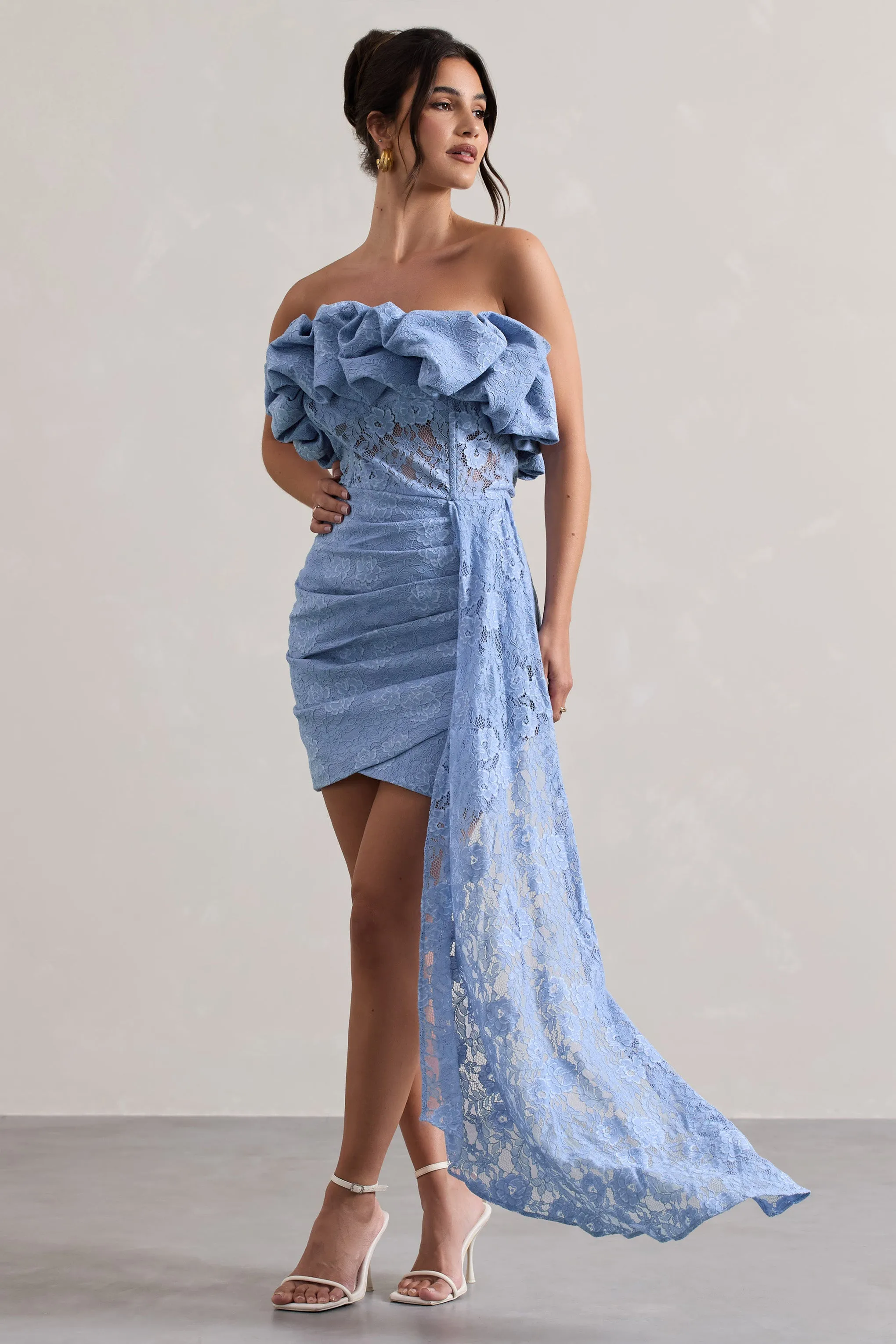 Neptune | Blue Lace Strapless Ruffled Mini Dress With Drape Club L London