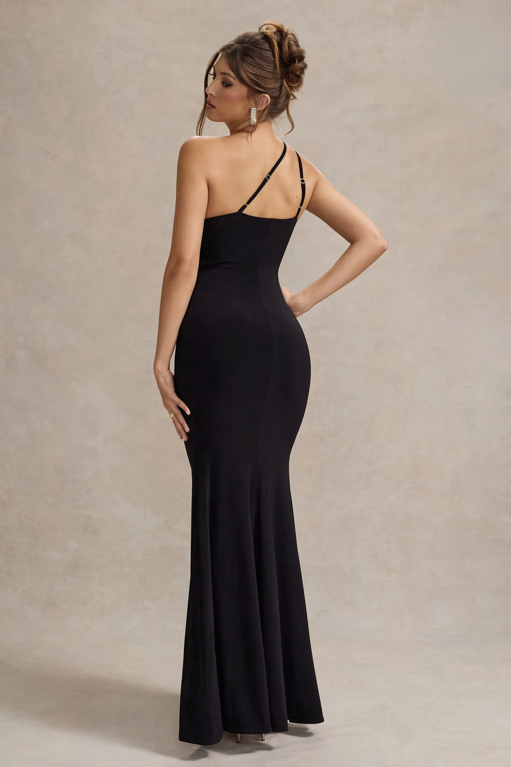 Neroli | Black Strapless Asymmetric Twisted Maxi Dress Club L London