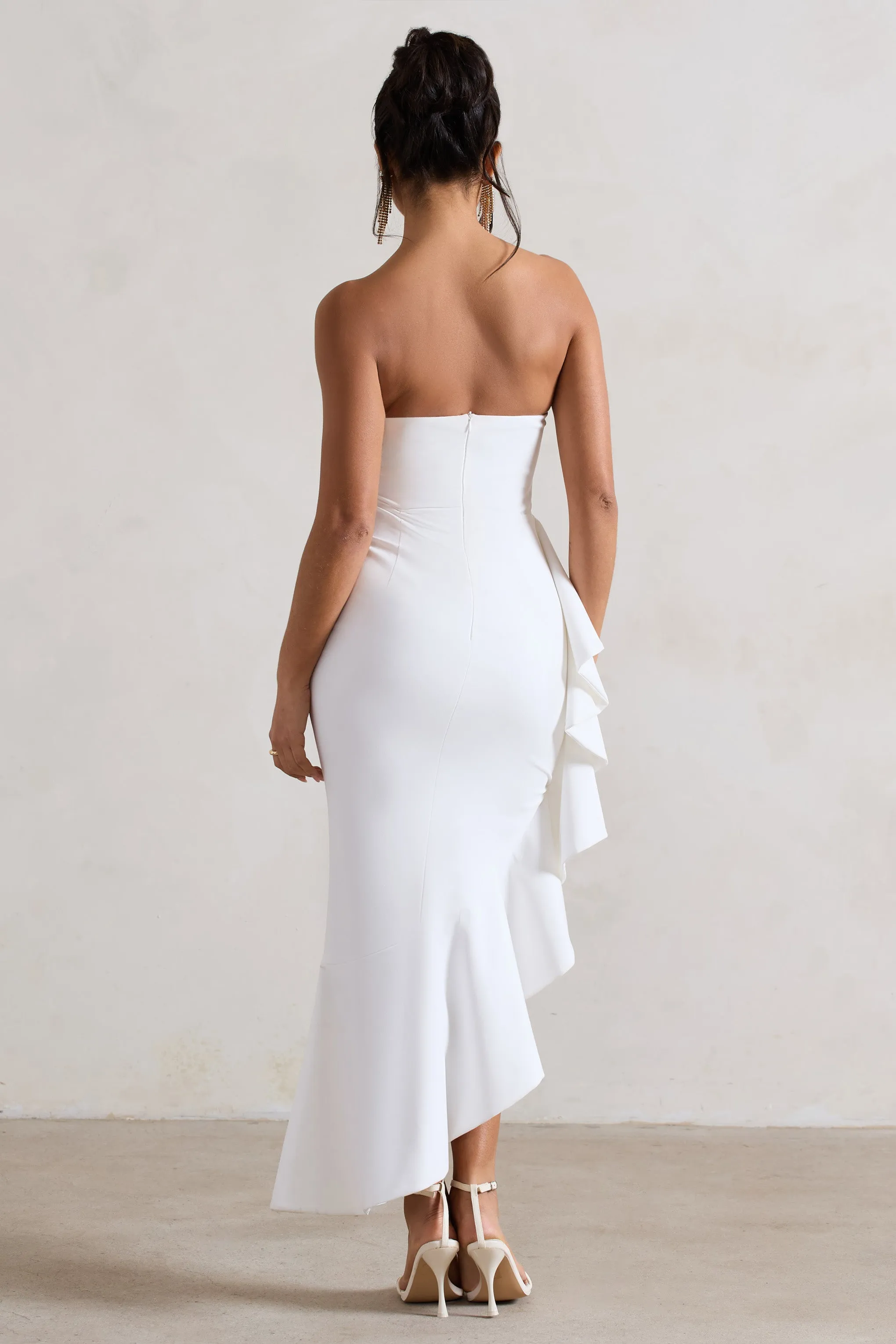 New Age | White Strapless Asymmetric Ruffled Maxi Dress Club L London