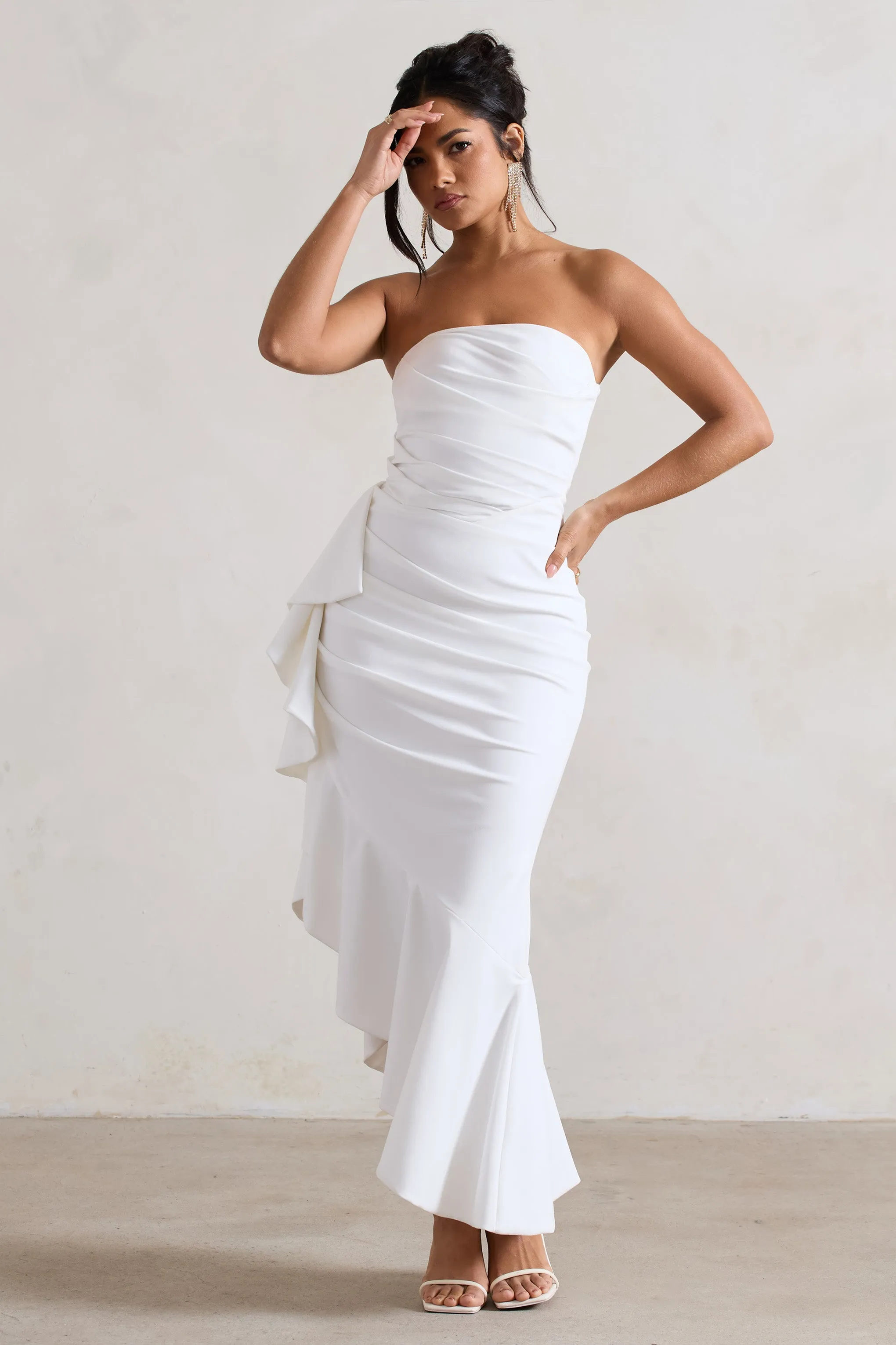 New Age | White Strapless Asymmetric Ruffled Maxi Dress Club L London