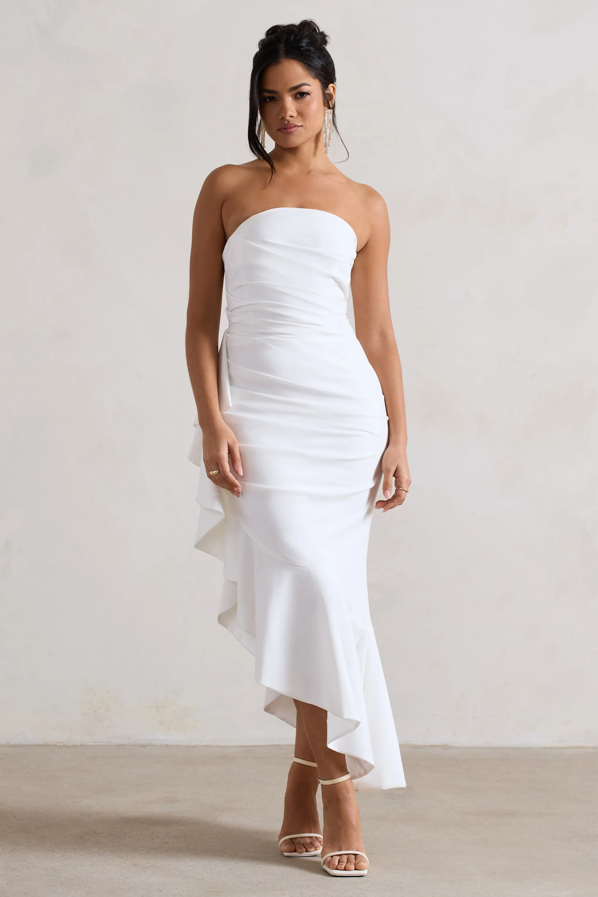 New Age | White Strapless Asymmetric Ruffled Maxi Dress Club L London