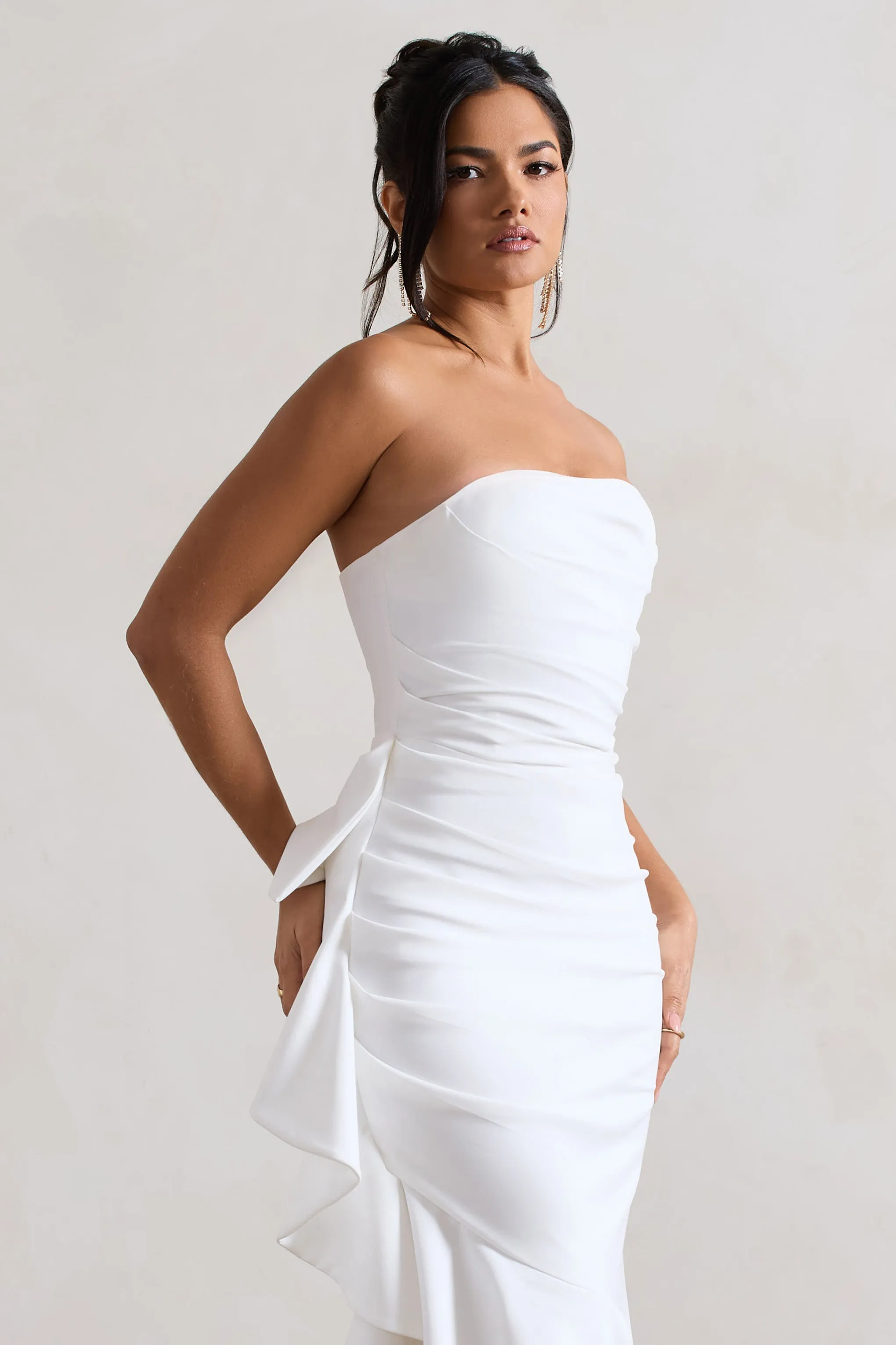 New Age | White Strapless Asymmetric Ruffled Maxi Dress Club L London