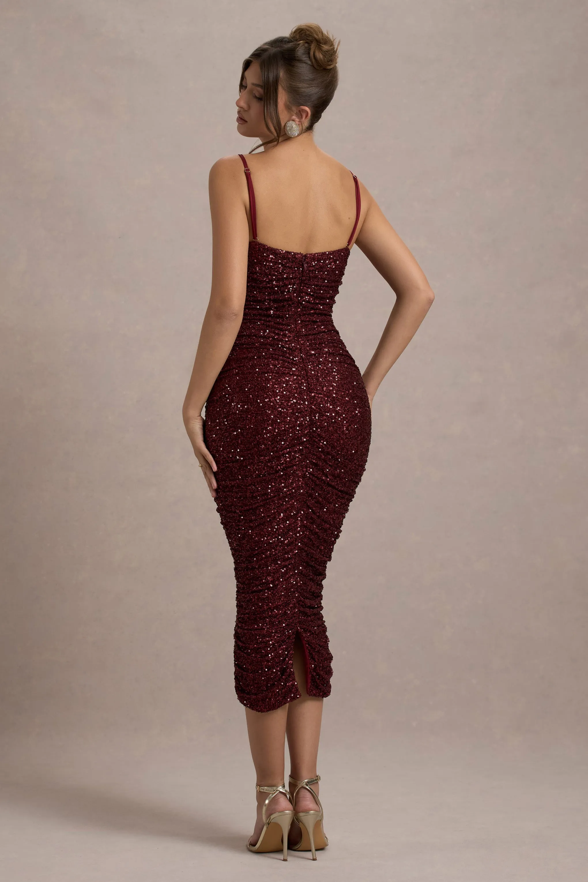 New Energy | Plum Sequin Strappy Ruched Bodycon Midi Dress Club L London