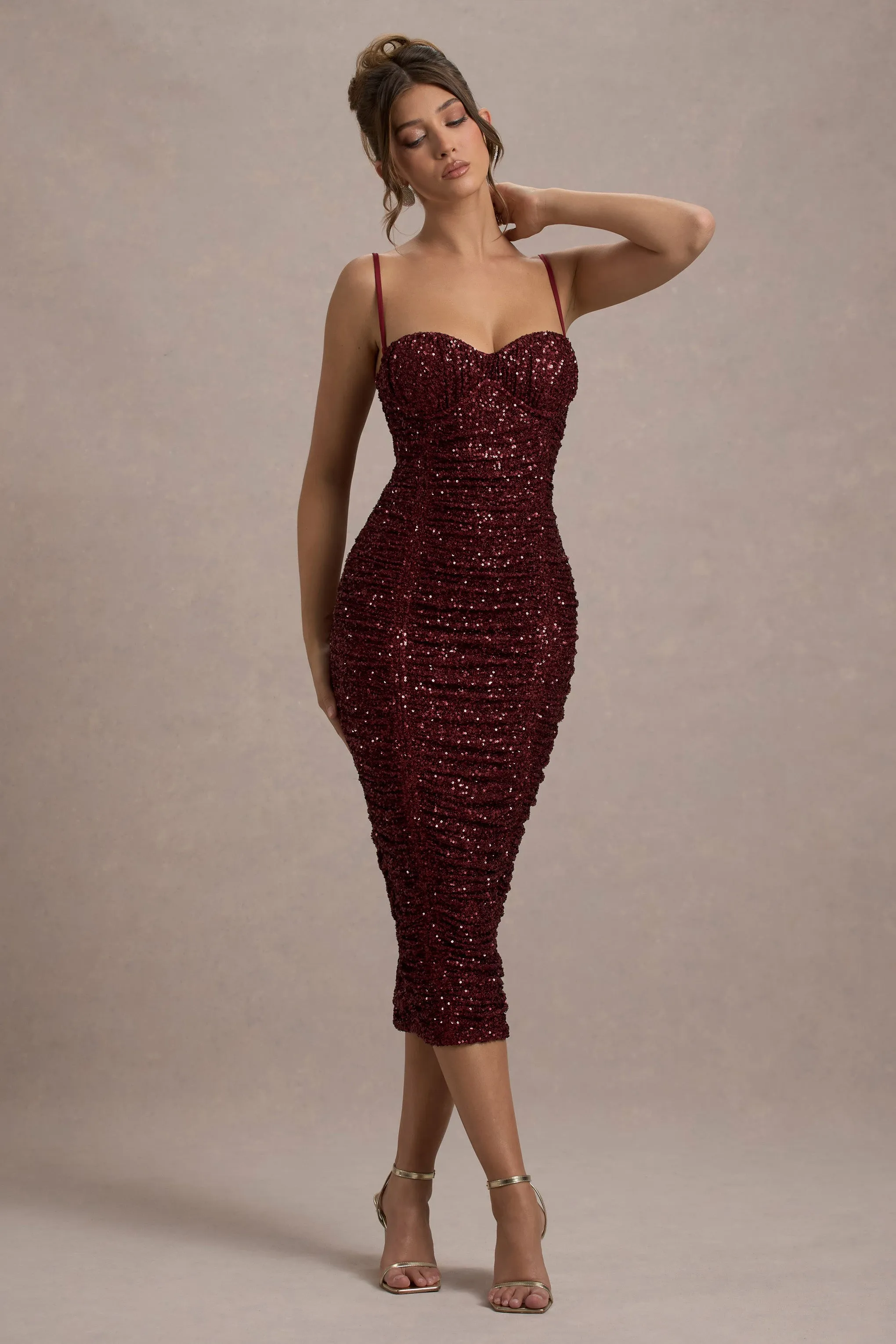 New Energy | Plum Sequin Strappy Ruched Bodycon Midi Dress Club L London