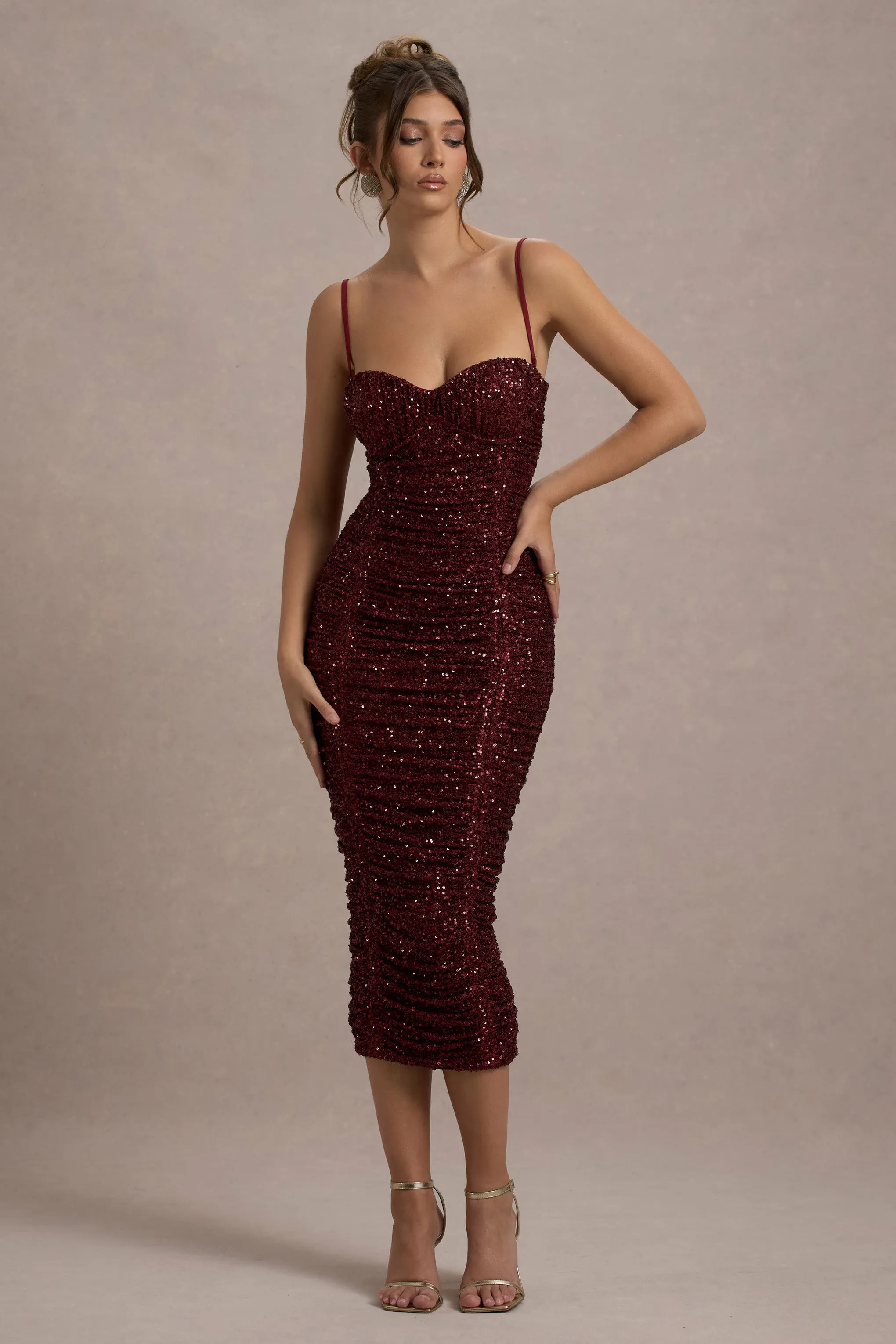 New Energy | Plum Sequin Strappy Ruched Bodycon Midi Dress Club L London