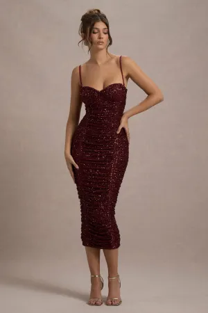 New Energy | Plum Sequin Strappy Ruched Bodycon Midi Dress Club L London