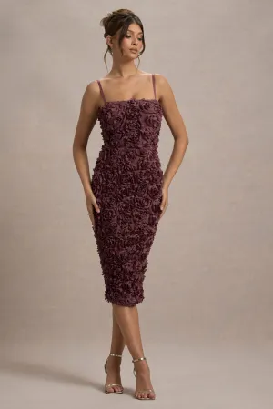 New Love | Dark Mauve Strappy Midi Dress With Mesh Flowers Club L London