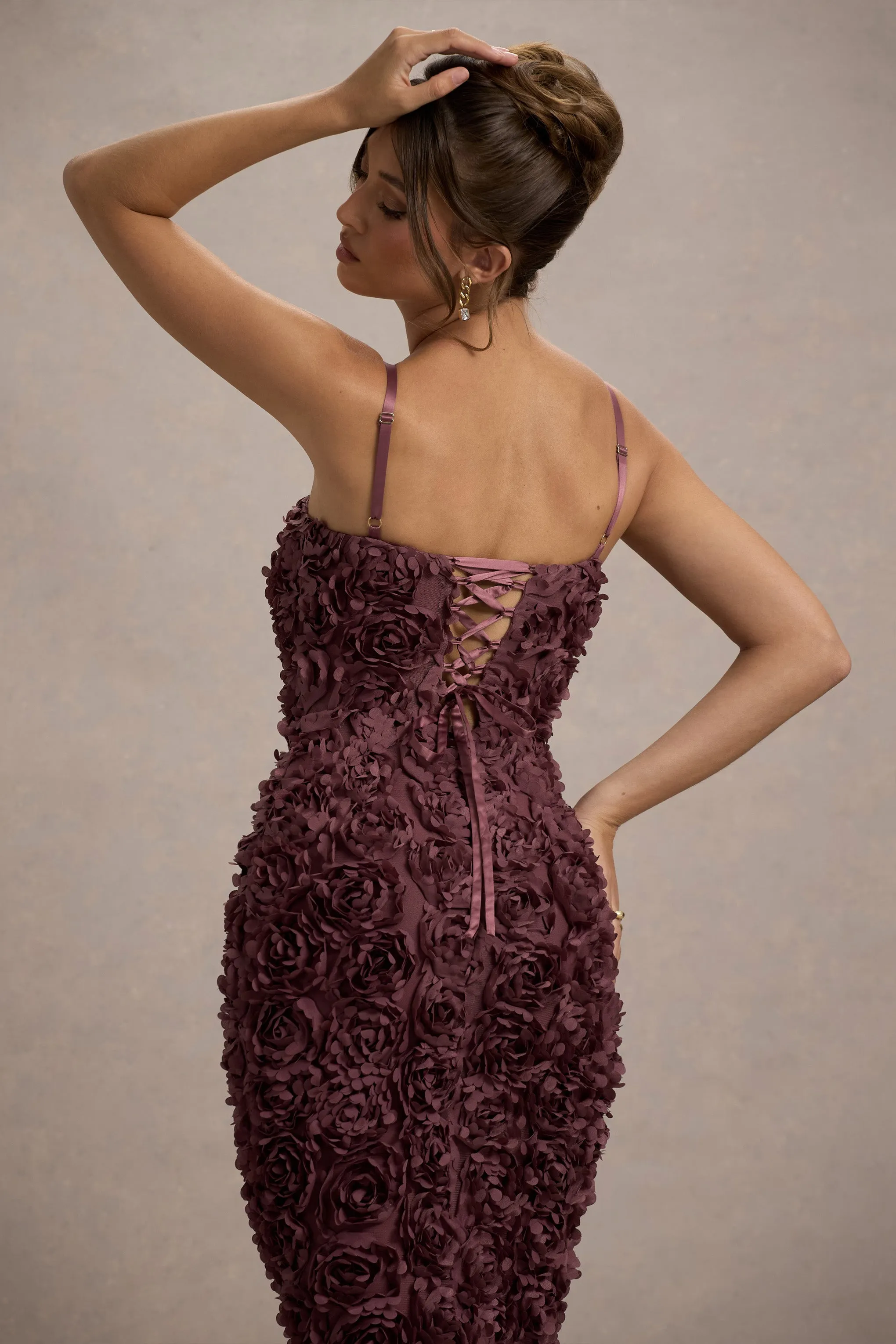 New Love | Dark Mauve Strappy Midi Dress With Mesh Flowers Club L London