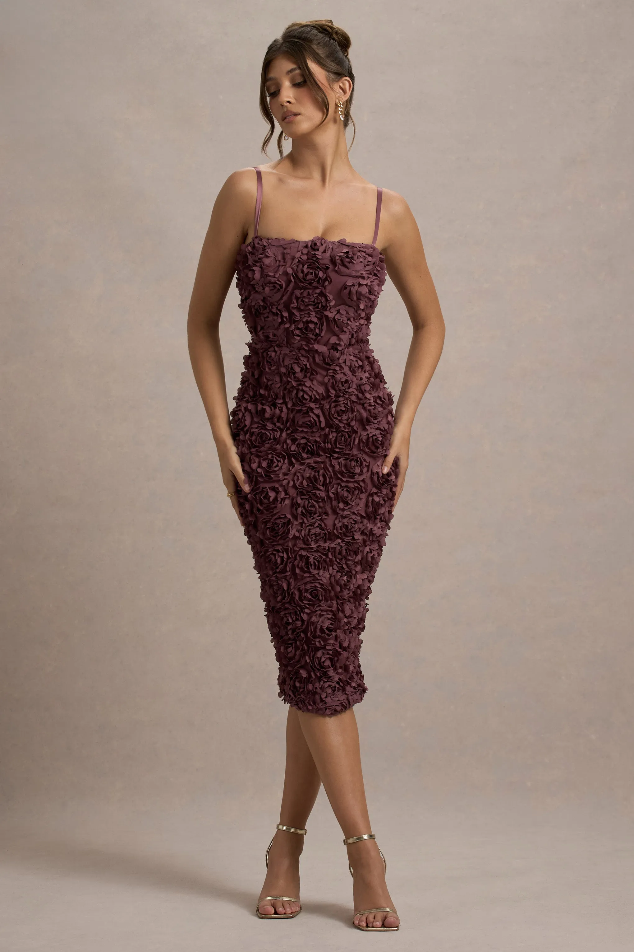 New Love | Dark Mauve Strappy Midi Dress With Mesh Flowers Club L London