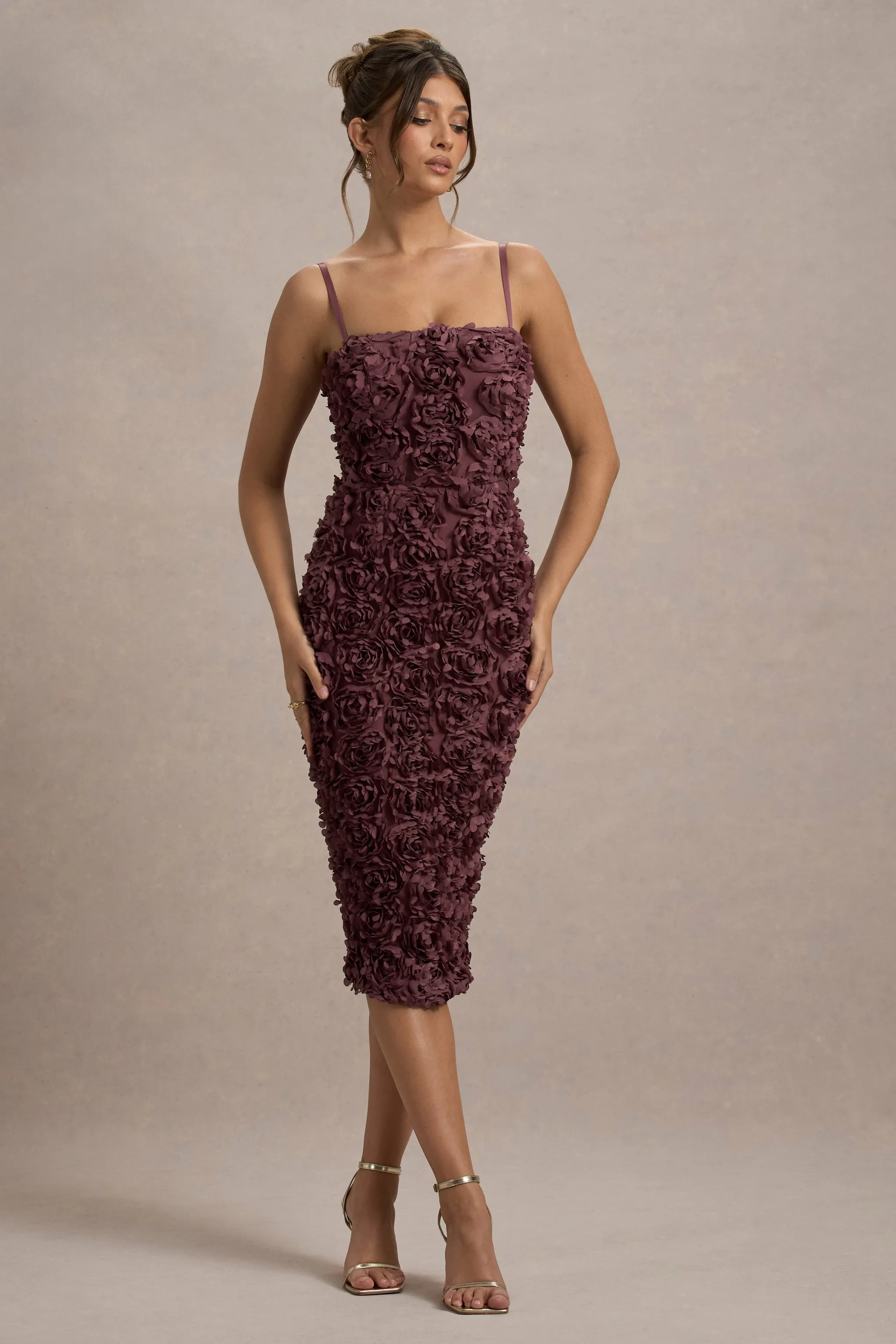 New Love | Dark Mauve Strappy Midi Dress With Mesh Flowers Club L London