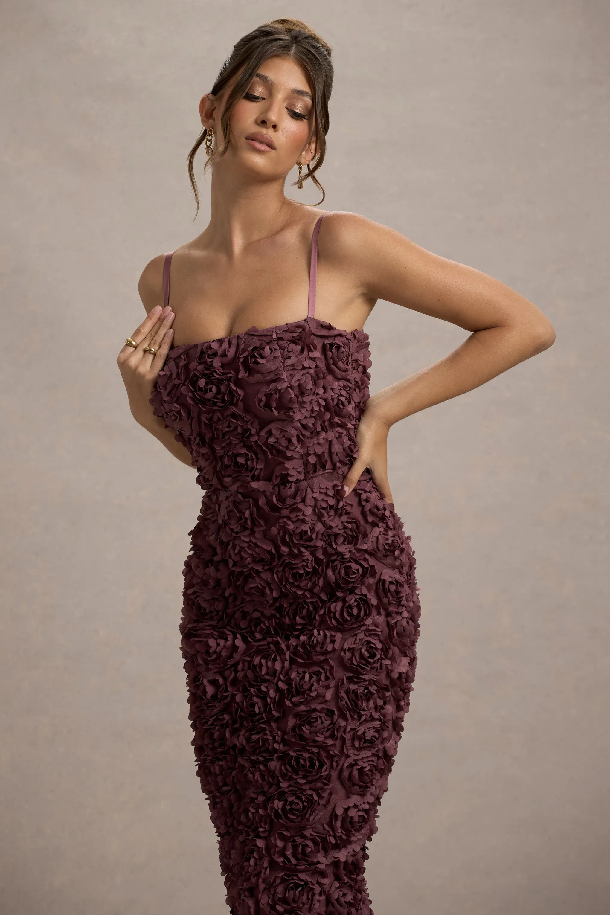 New Love | Dark Mauve Strappy Midi Dress With Mesh Flowers Club L London